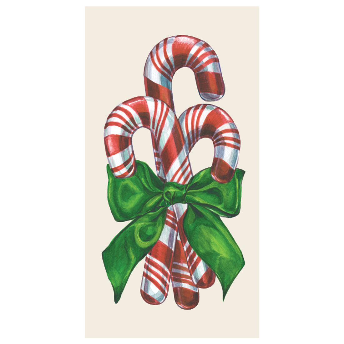 A rectangle, cream guest napkin featuring three illustrated, red and white candy canes, bundled and tied with a green ribbon.