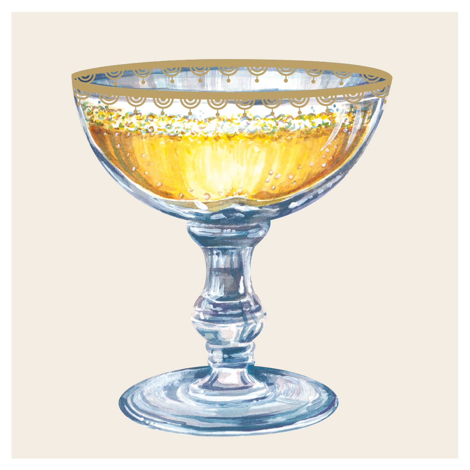 A square, cream cocktail napkin featuring an illustrated coupe glass full of bubbling, gold champagne.