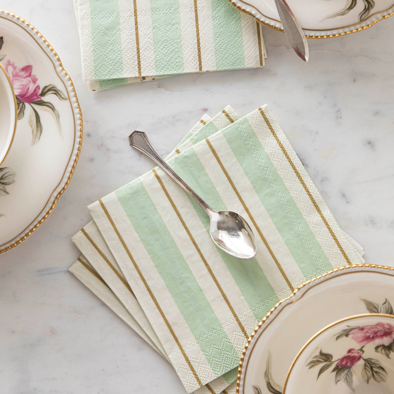 Seafoam & Gold Awning Stripe Cocktail Napkins