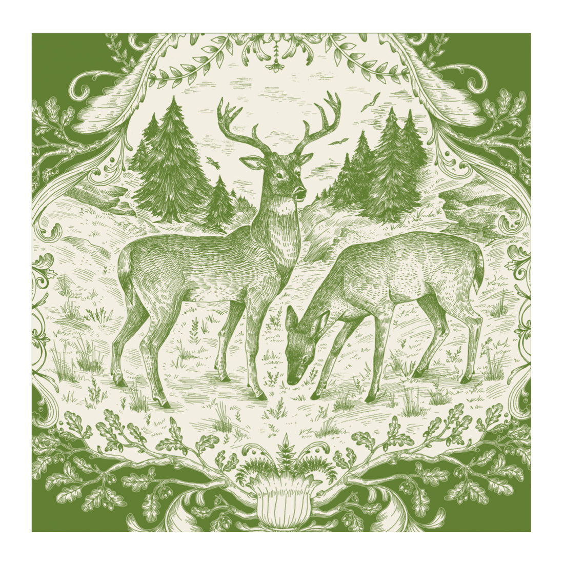 A square cocktail napkin featuring a toile-style illustration of a male and female deer surrounded by detailed filigree, in monochrome green on a white background.