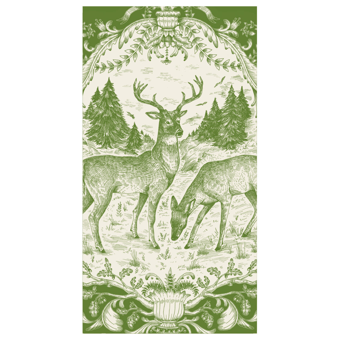 A rectangle guest napkin featuring a toile-style illustration of a male and female deer surrounded by detailed filigree, in monochrome green on a white background.