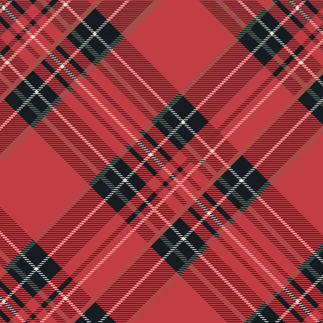 A square cocktail napkin featuring a diagonal plaid pattern of black, white, gold and green over bright red.