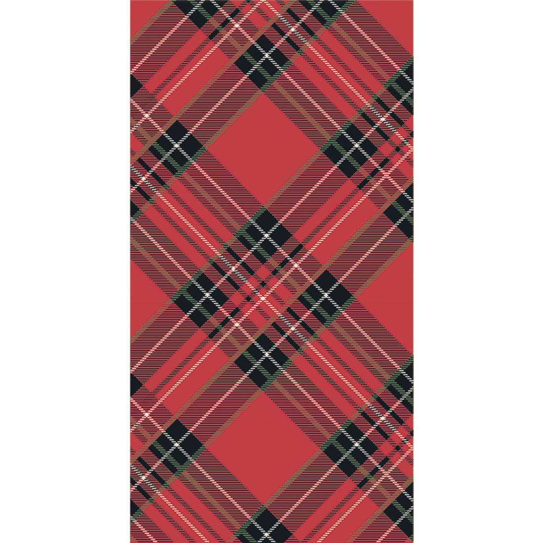 A rectangle cocktail napkin featuring a diagonal plaid pattern of black, white, gold and green over bright red.