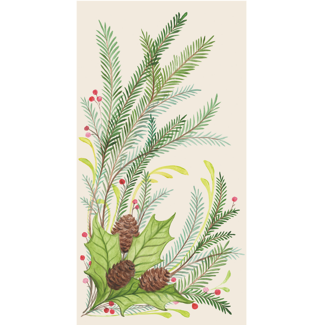 A rectangle, cream guest napkin featuring illustrated green winter foliage, red holly berries and three brown pinecones, all sprouting from the lower left corner.