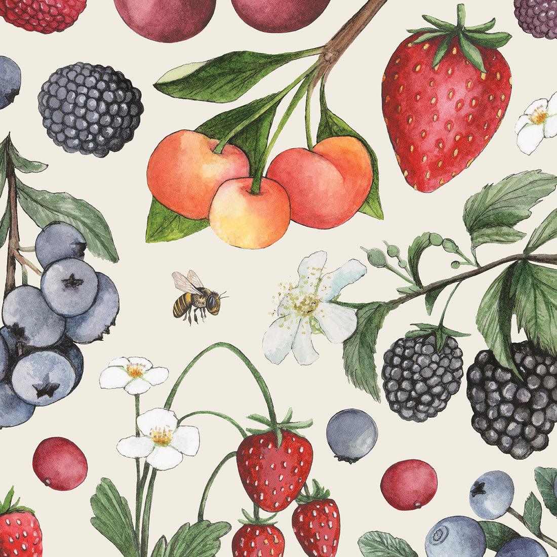 A square, cream cocktail napkin featuring a scatter of vibrant, illustrated berries and white blooms, with a single bee among the fruits.