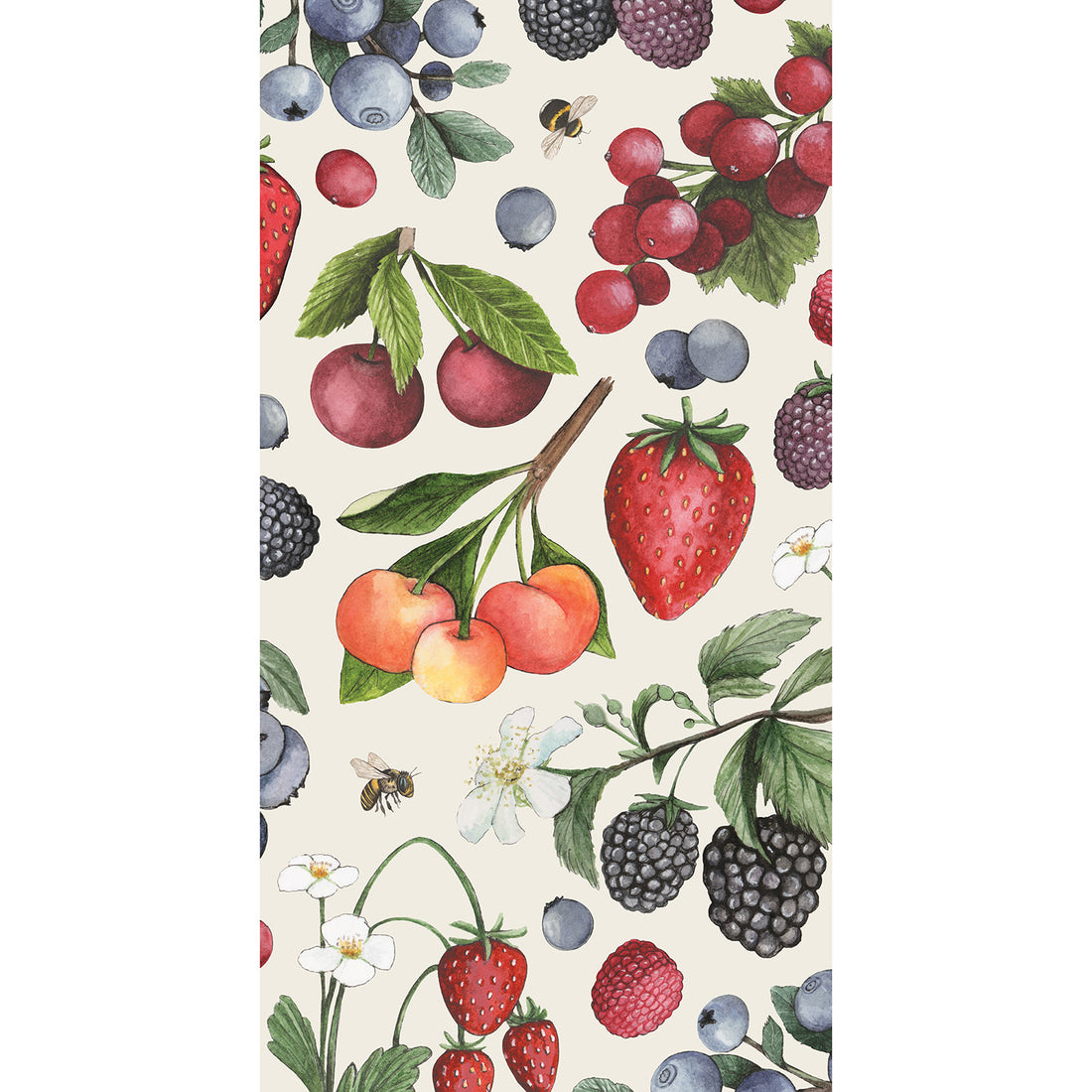 A rectangle, cream guest napkin featuring a scatter of vibrant, illustrated berries and white blooms, with a bees among the fruits.