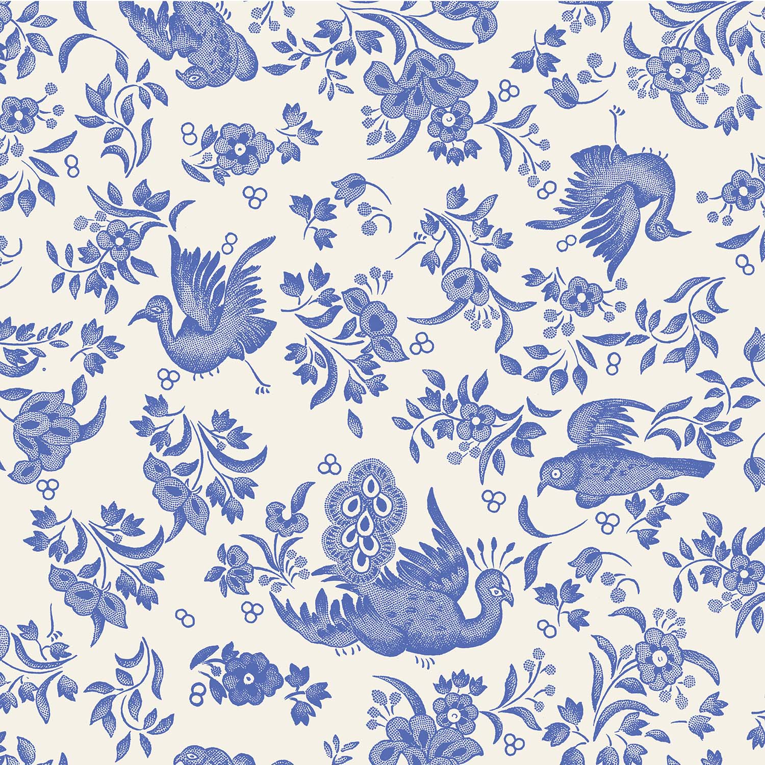 A square cocktail napkin featuring a blue bird and floral pattern on a white background, inspired by the ornamental bird pattern from Burleigh.