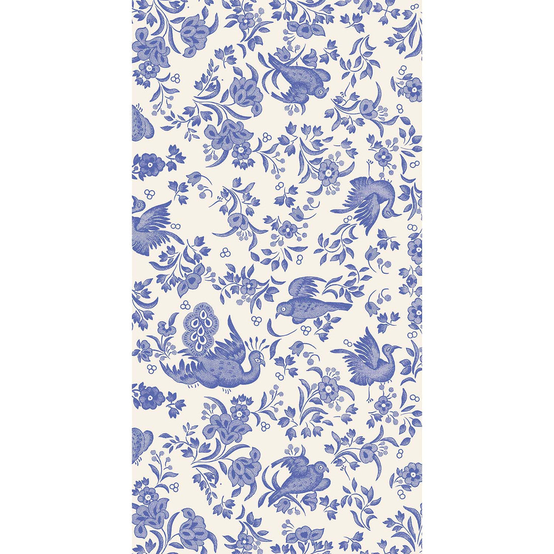 A rectangle guest napkin featuring a blue bird and floral pattern on a white background, inspired by the ornamental bird pattern from Burleigh.