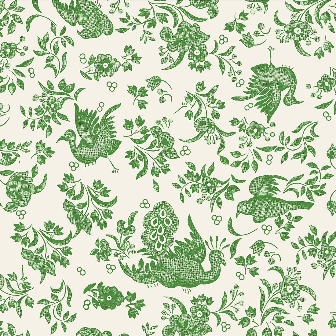 A square cocktail napkin featuring a green bird and floral pattern on a white background, inspired by the ornamental bird pattern from Burleigh.