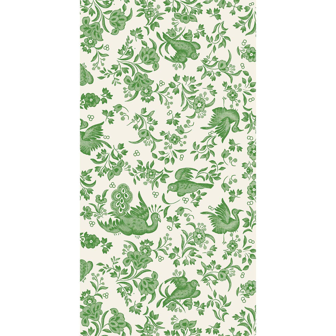 A rectangle guest napkin featuring a green bird and floral pattern on a white background, inspired by the ornamental bird pattern from Burleigh.