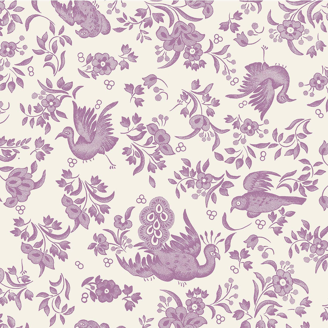 A square cocktail napkin featuring a lilac purple bird and floral pattern on a white background, inspired by the ornamental bird pattern from Burleigh.