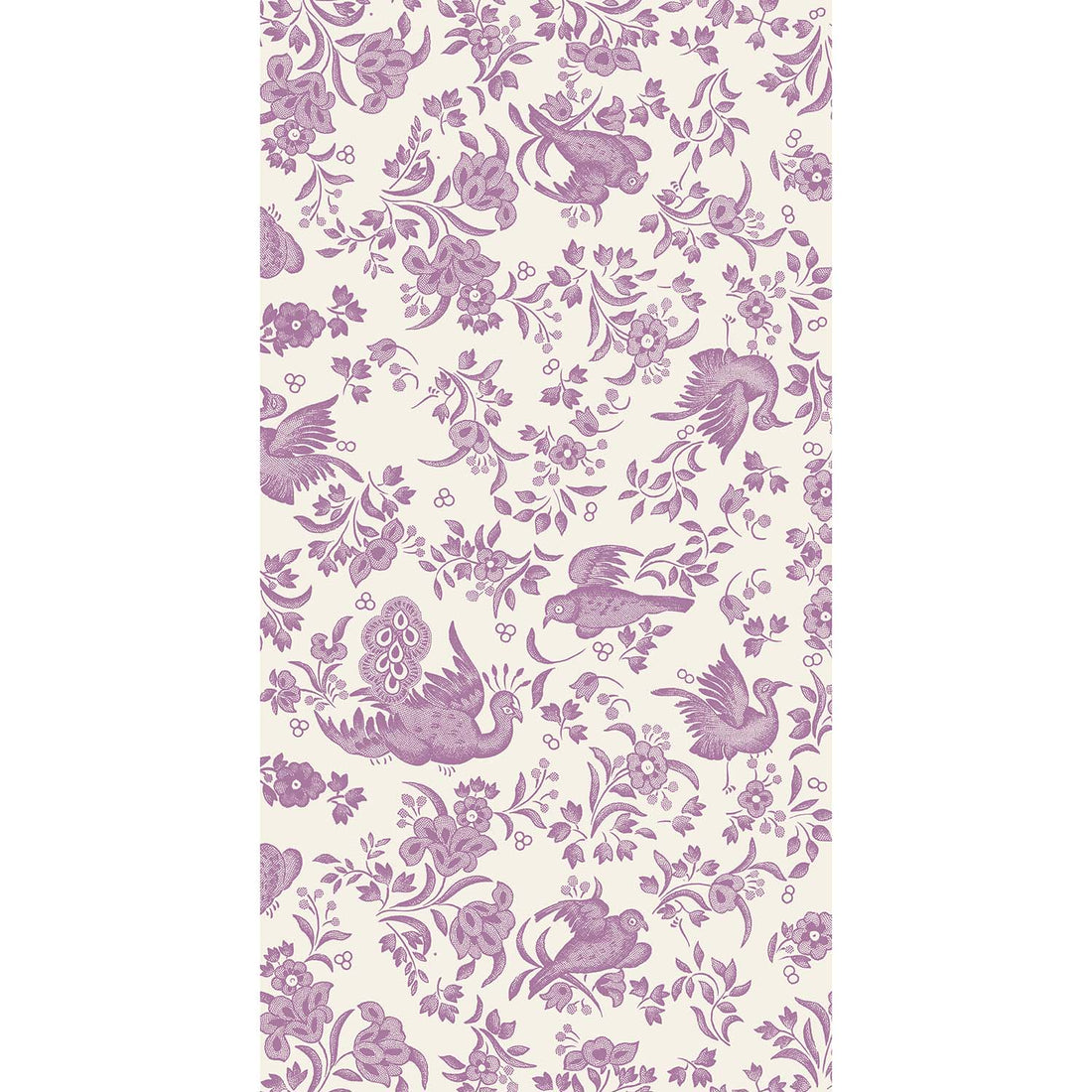 A rectangle guest napkin featuring a lilac purple bird and floral pattern on a white background, inspired by the ornamental bird pattern from Burleigh.