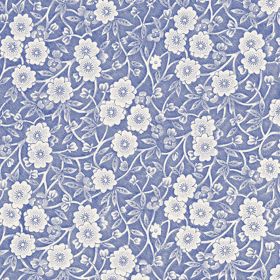 A square cocktail napkin featuring a dense pattern of white flowers, stems and leaves on a medium blue background.