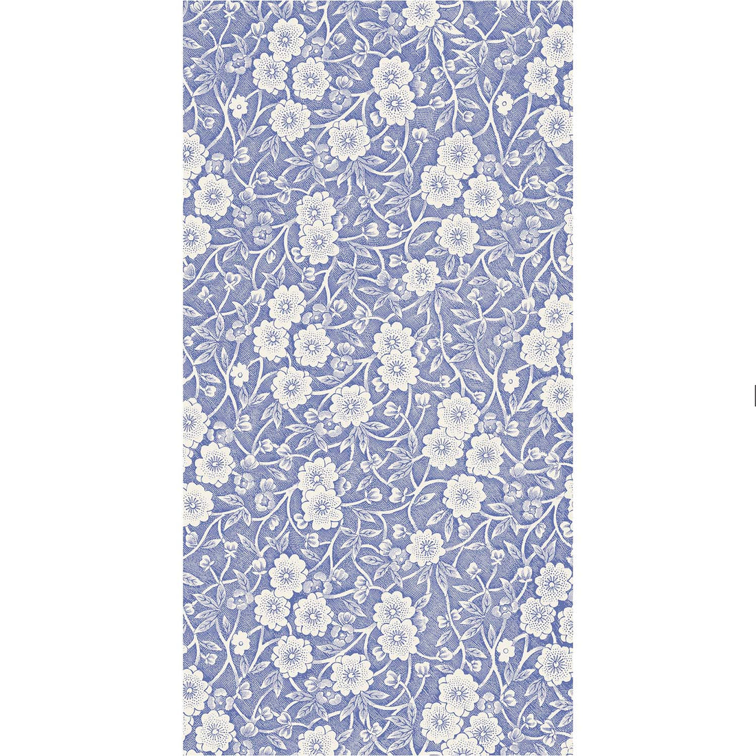 A rectangle guest napkin featuring a dense pattern of white flowers, stems and leaves on a medium blue background.