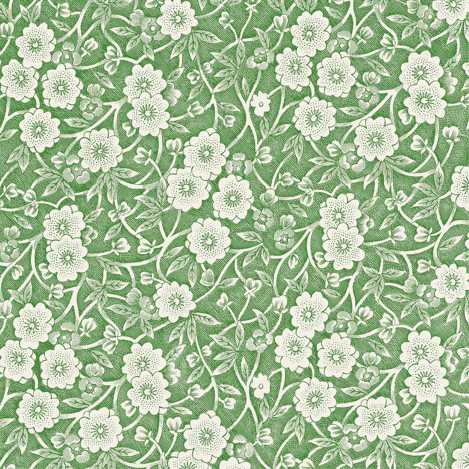 A square cocktail napkin featuring a dense pattern of white flowers, stems and leaves on a green background.