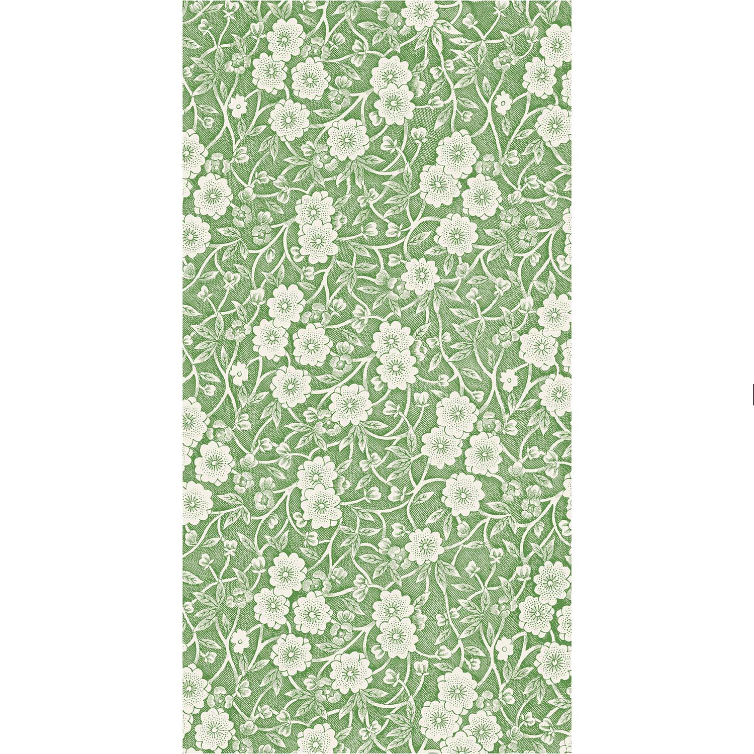 A rectangle guest napkin featuring a dense pattern of white flowers, stems and leaves on a green background.