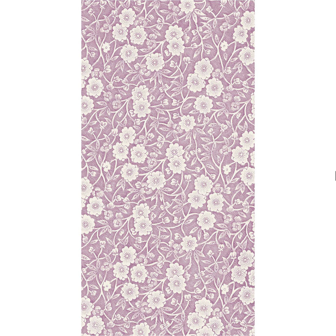 A rectangle guest napkin featuring a dense pattern of white flowers, stems and leaves on a lilac purple background.