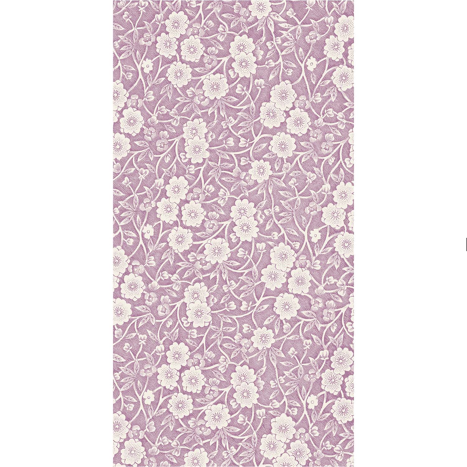 A rectangle guest napkin featuring a dense pattern of white flowers, stems and leaves on a lilac purple background.