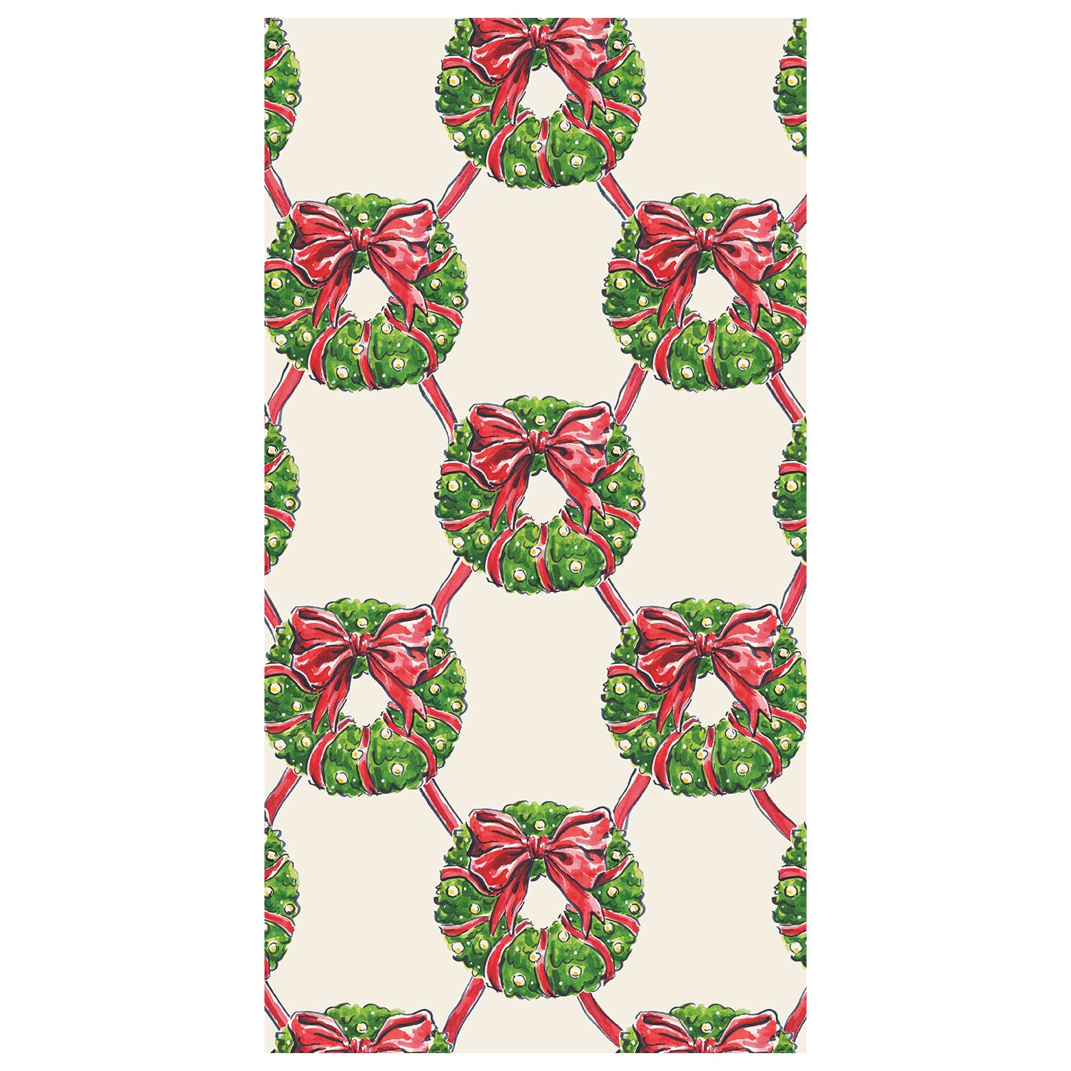 A repeating lattice pattern of green Christmas wreaths with red bows and yellow ornaments, on a cream background.