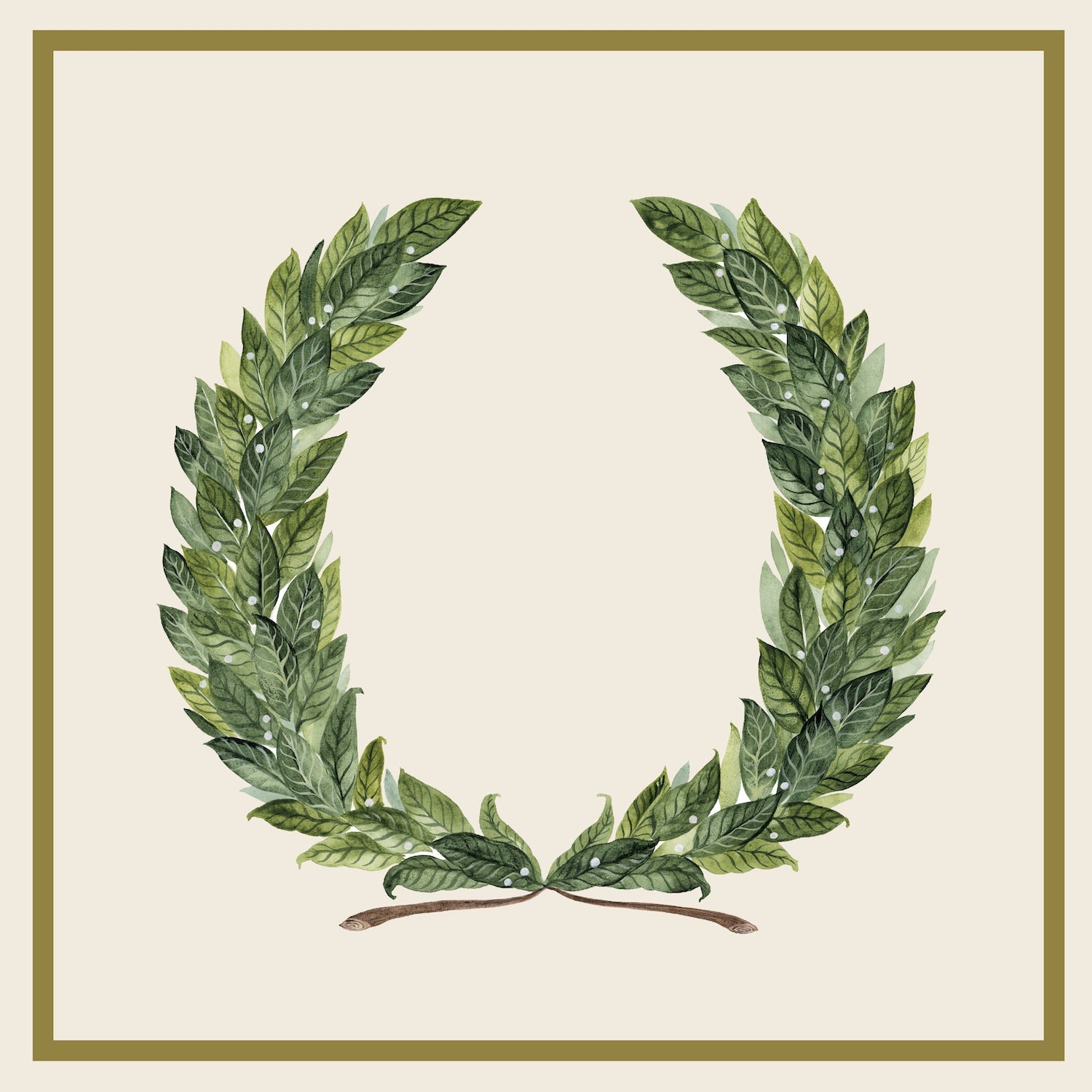 A watercolor illustration of a laurel wreath with green leaves, arranged in a U-shape and bordered by a thin gold frame.