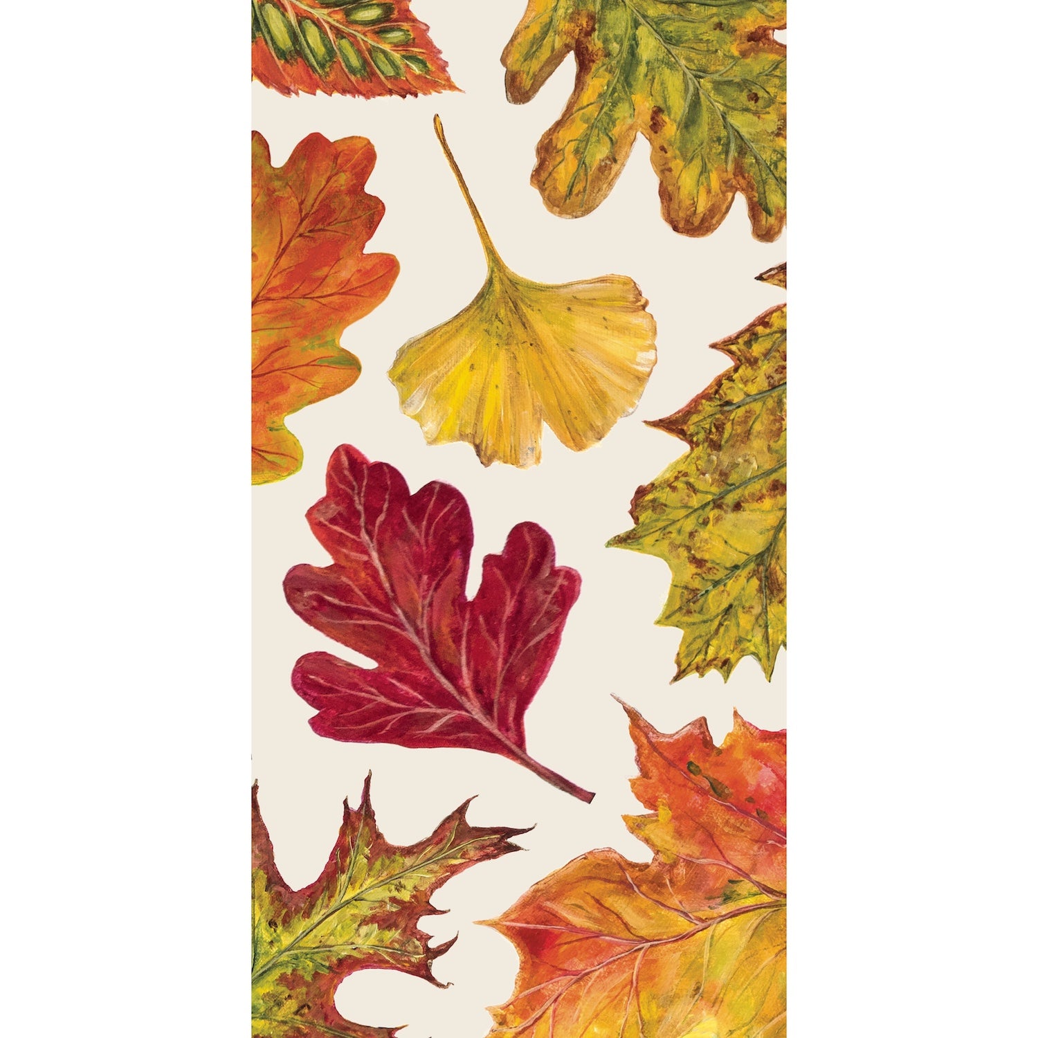 An illustration of fall leaves in colors of red, green and yellow, in a pattern on a cream background.