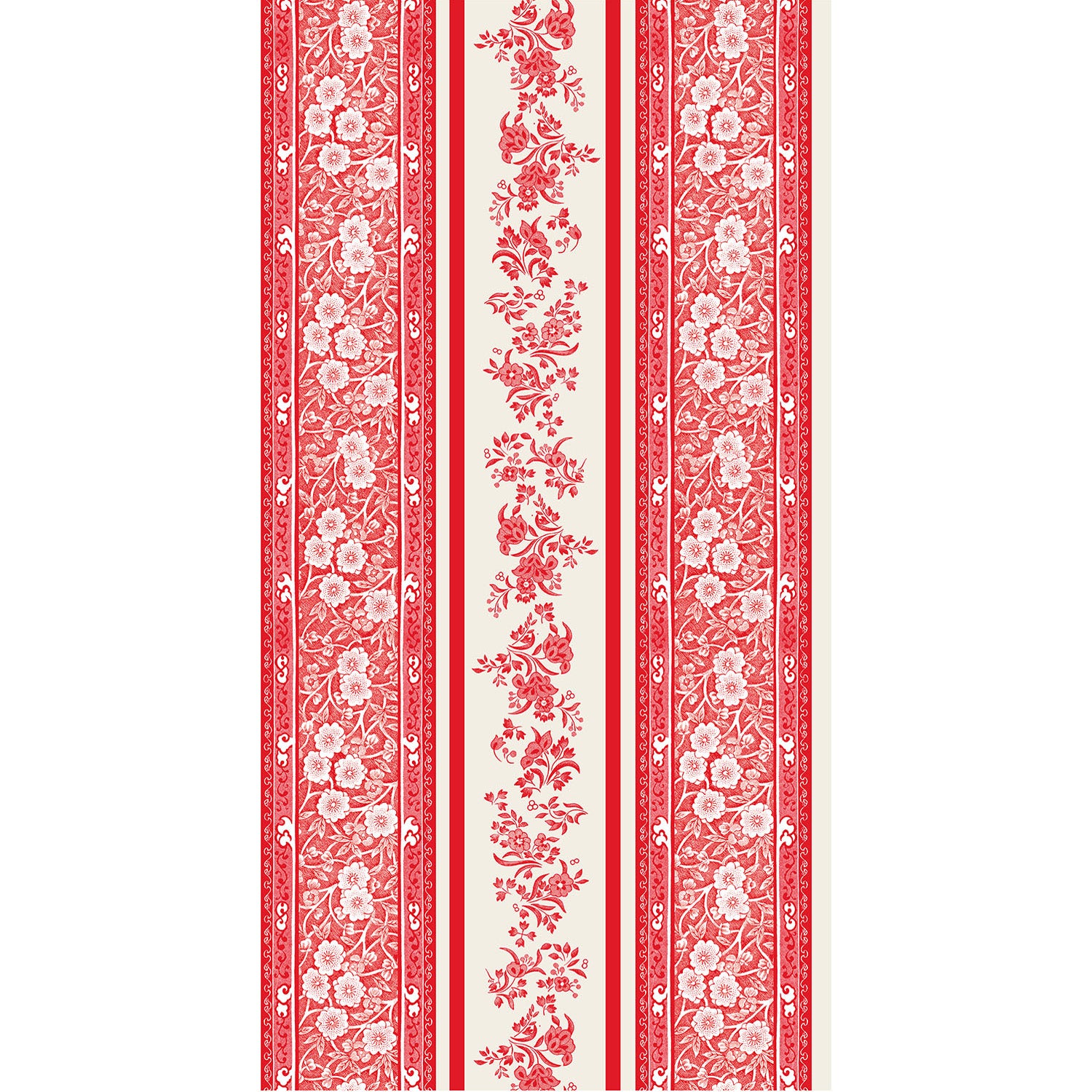 Red Burleigh Stripe Guest Napkin featuring red stripes with intricate Burleigh floral patterns on a cream background.
