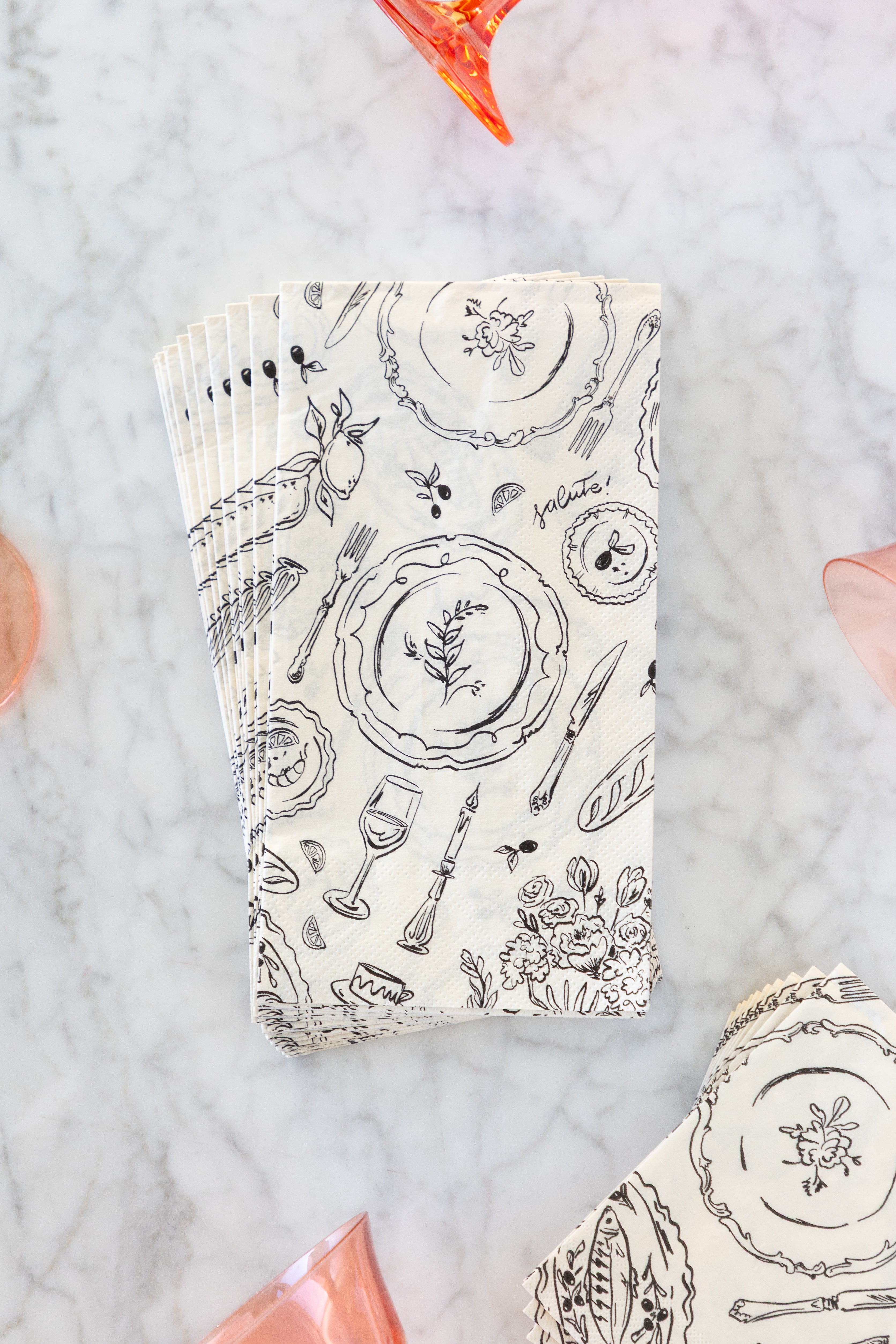 Dinner Party Guest Napkins on a marble table.