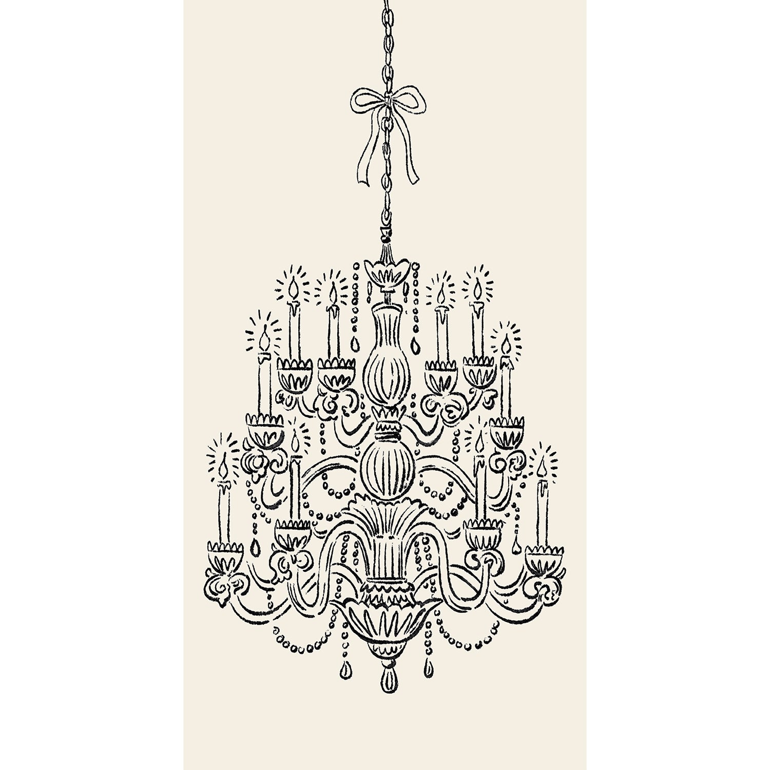 Decorative black chandelier illustration on a beige background.
