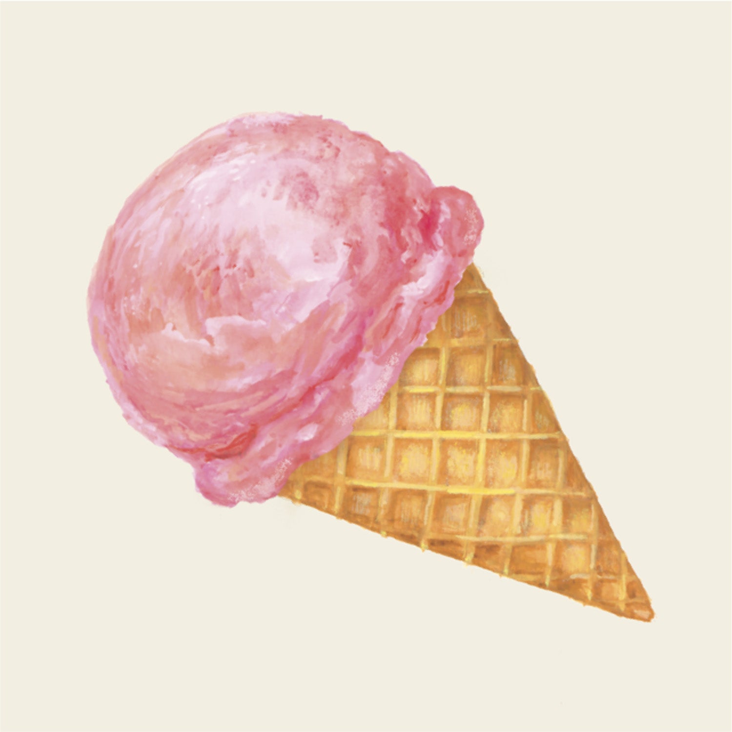 Pink ice cream in a waffle cone on a light beige background.