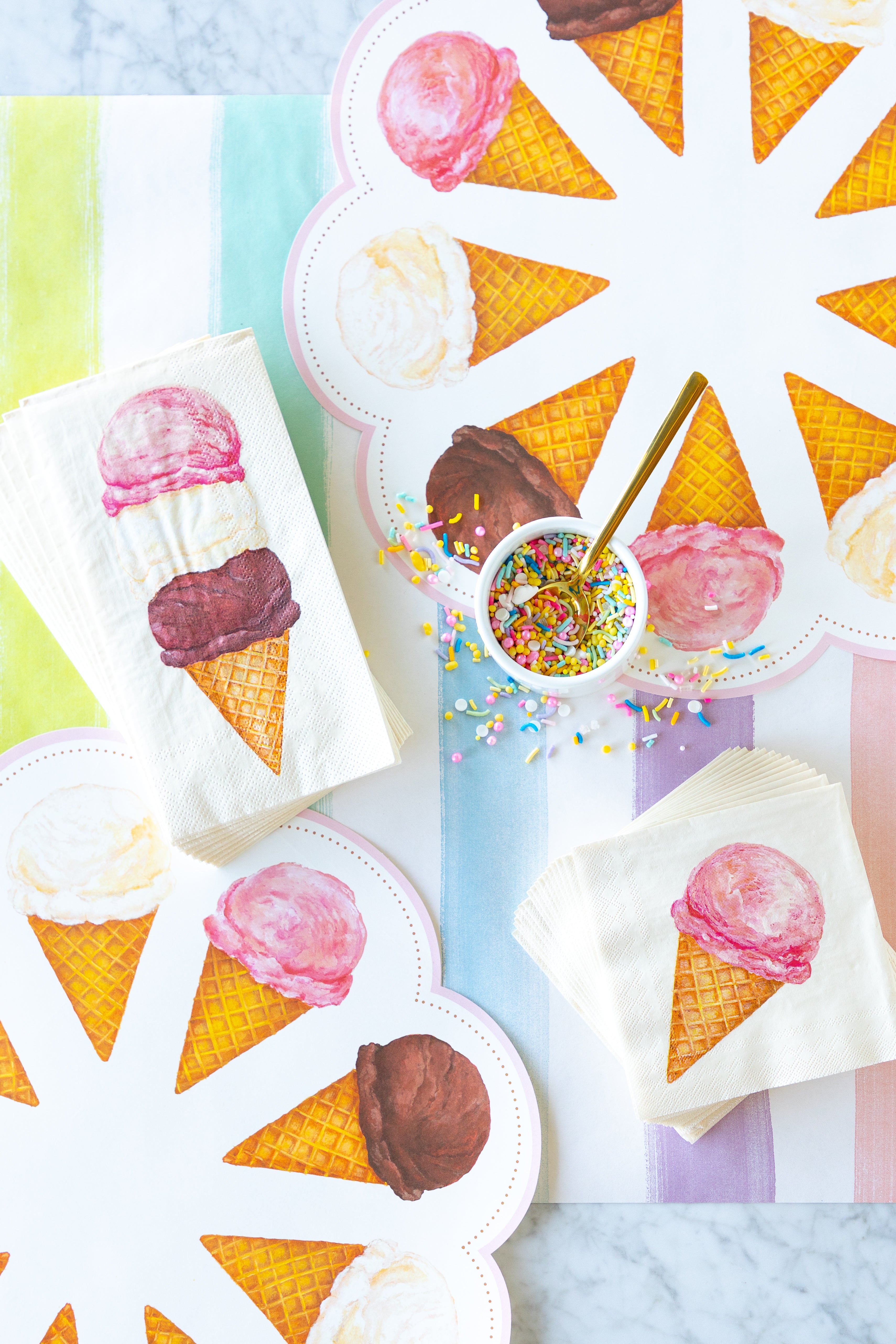 Ice Cream Cocktail and Guest Napkins, Die-cut Ice Cream Placemat and sprinkles on the Sorbet Painted Stripe Runner.