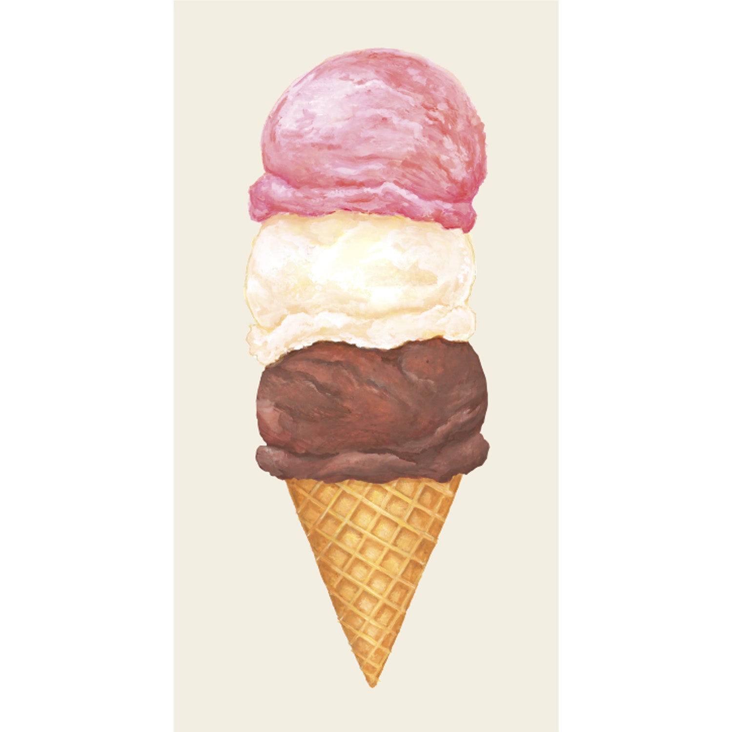 Ice cream cone with three scoops of different flavors on a beige background.
