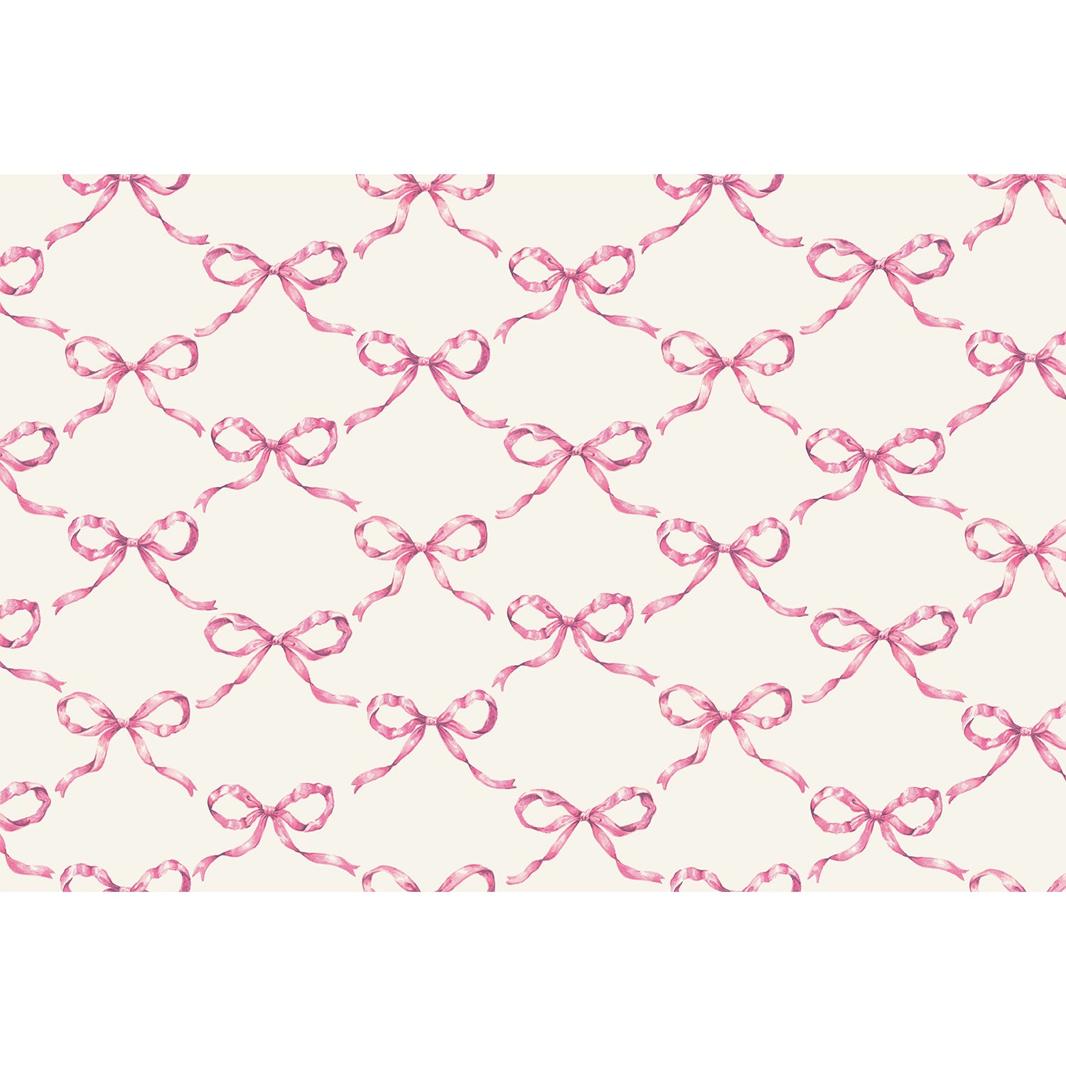 An illustrated lattice pattern made of elegant light pink bows evenly spaced over a white background.