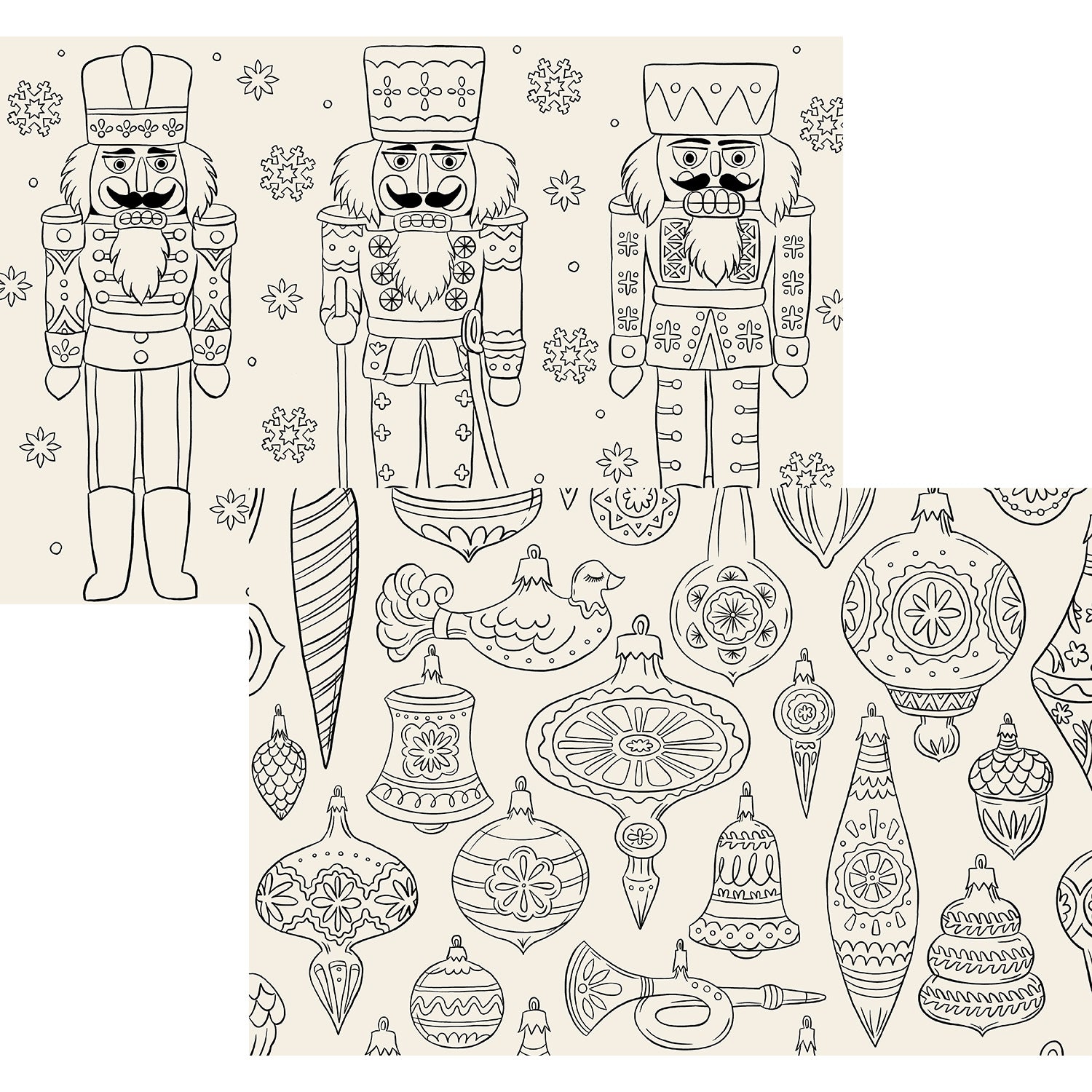 Christmas Coloring Placemats with one placemat showing three black line art nutcrackers surrounded by snowflakes and one placemat showing black line art vintage ornaments––both on a cream background.