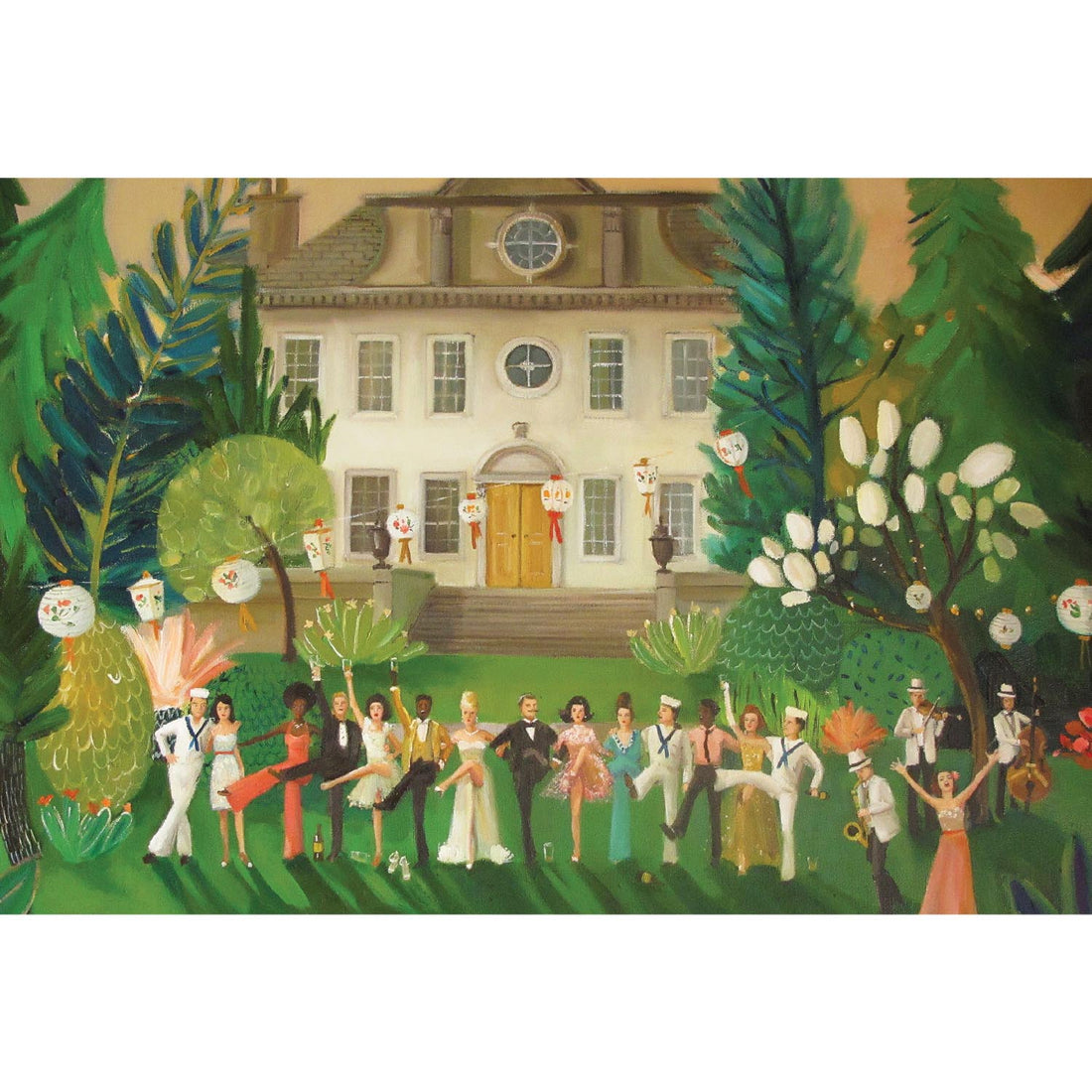 A beautiful illustration by Janet Hill featuring a row of partygoers in vintage clothes kicking a leg up on the lawn of a lush estate, with party lanterns and a jazz band bringing the celebration to life.