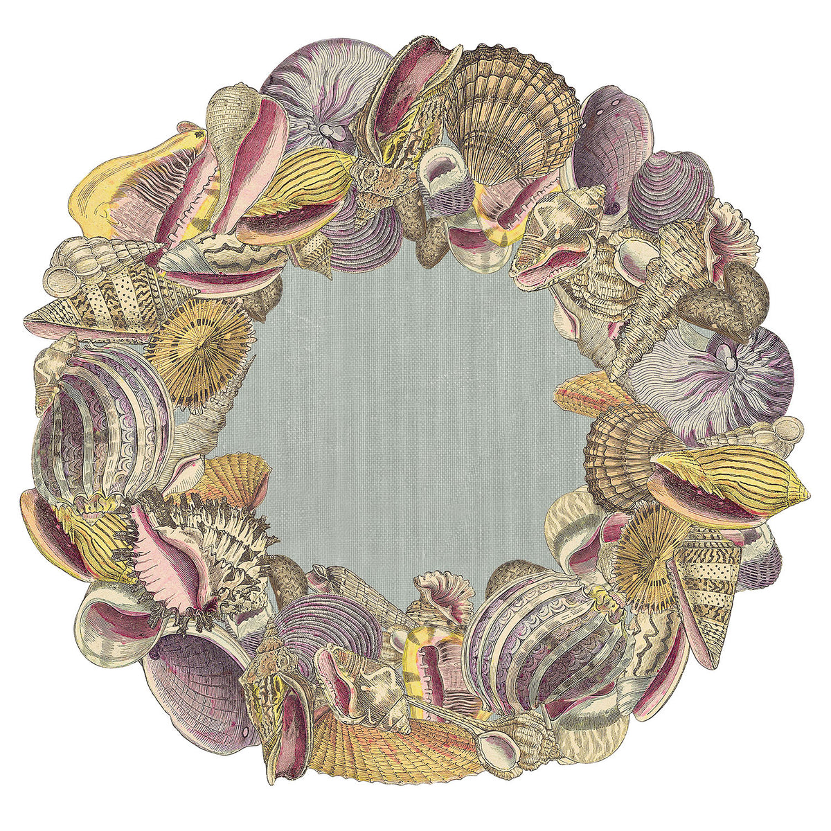 The Die-cut Shell Wreath Placemat featuring swirling nautilus and scalloped clam shells with a blue center.