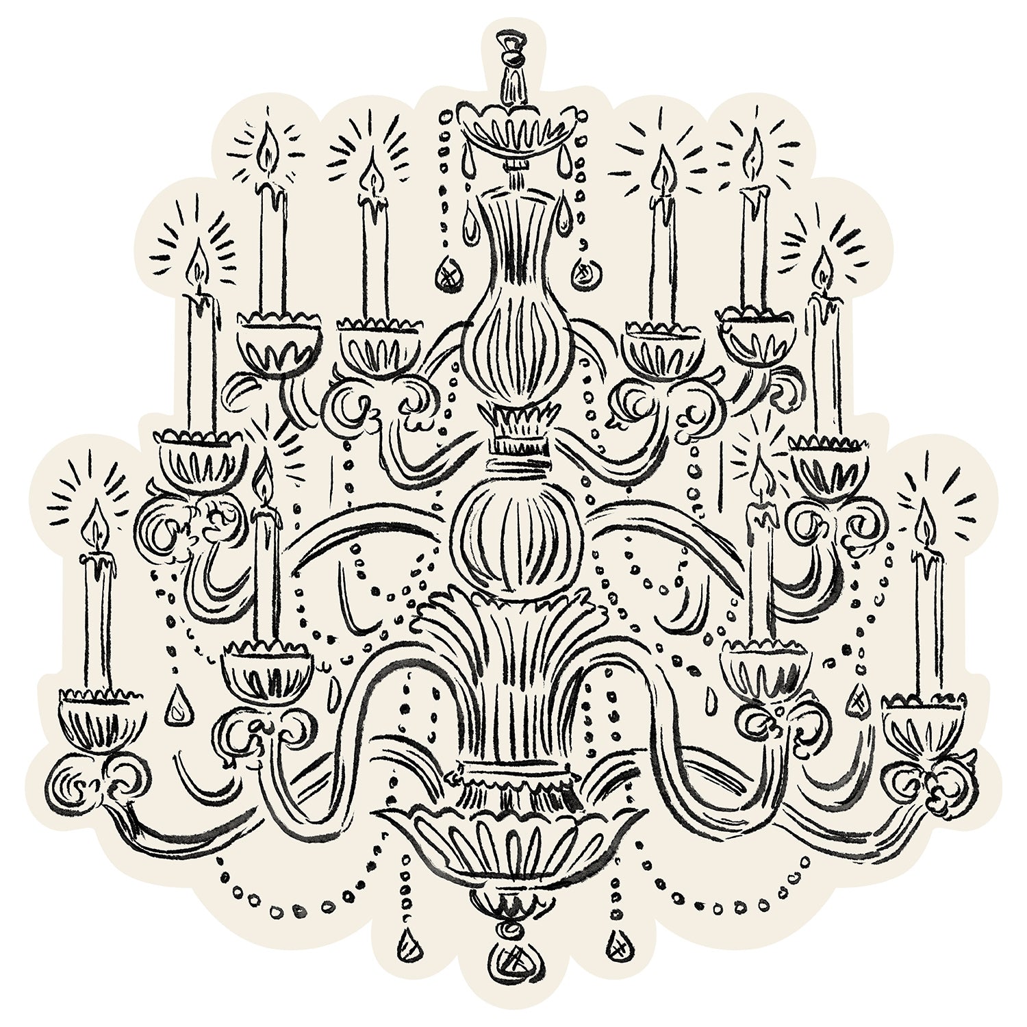 Die-cut Chandelier Placemat featuring a hand-drawn whimsical illustration of a chandelier in black with an off-white background.