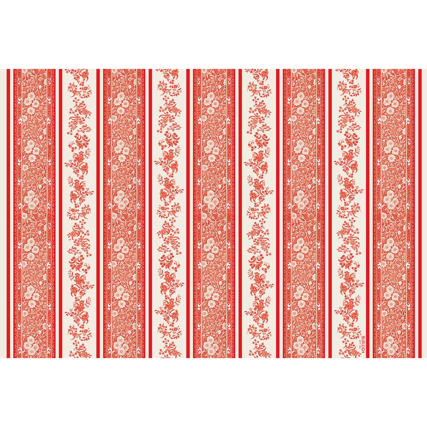 Red Burleigh Stripe Placemat featuring red stripes with the Burleigh Calico design and Regal Peacock design in the white stripes.