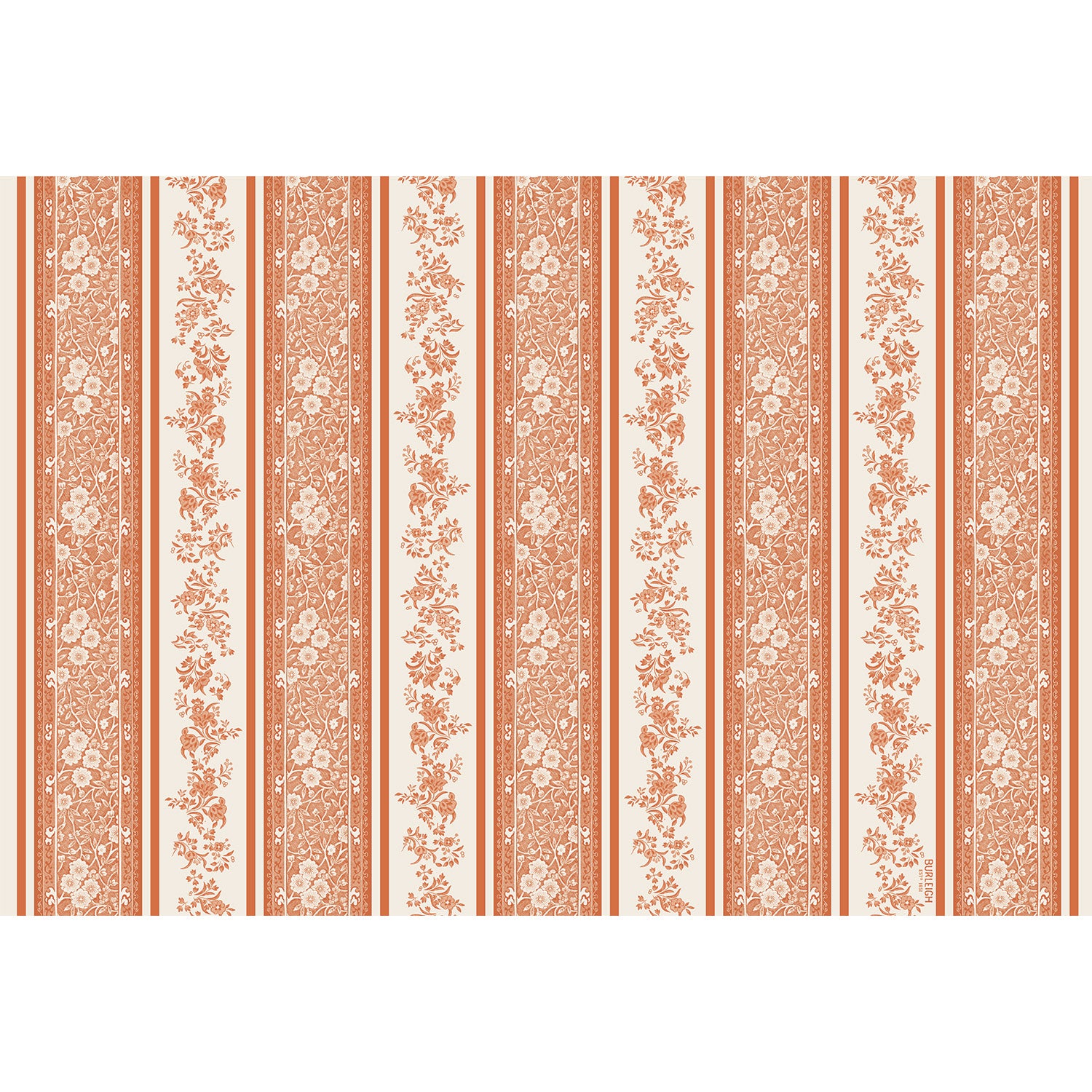Pumpkin Burleigh Stripe Placemat featuring pumpkin tripes with the Burleigh Calico design and Regal Peacock design in the cream stripes.