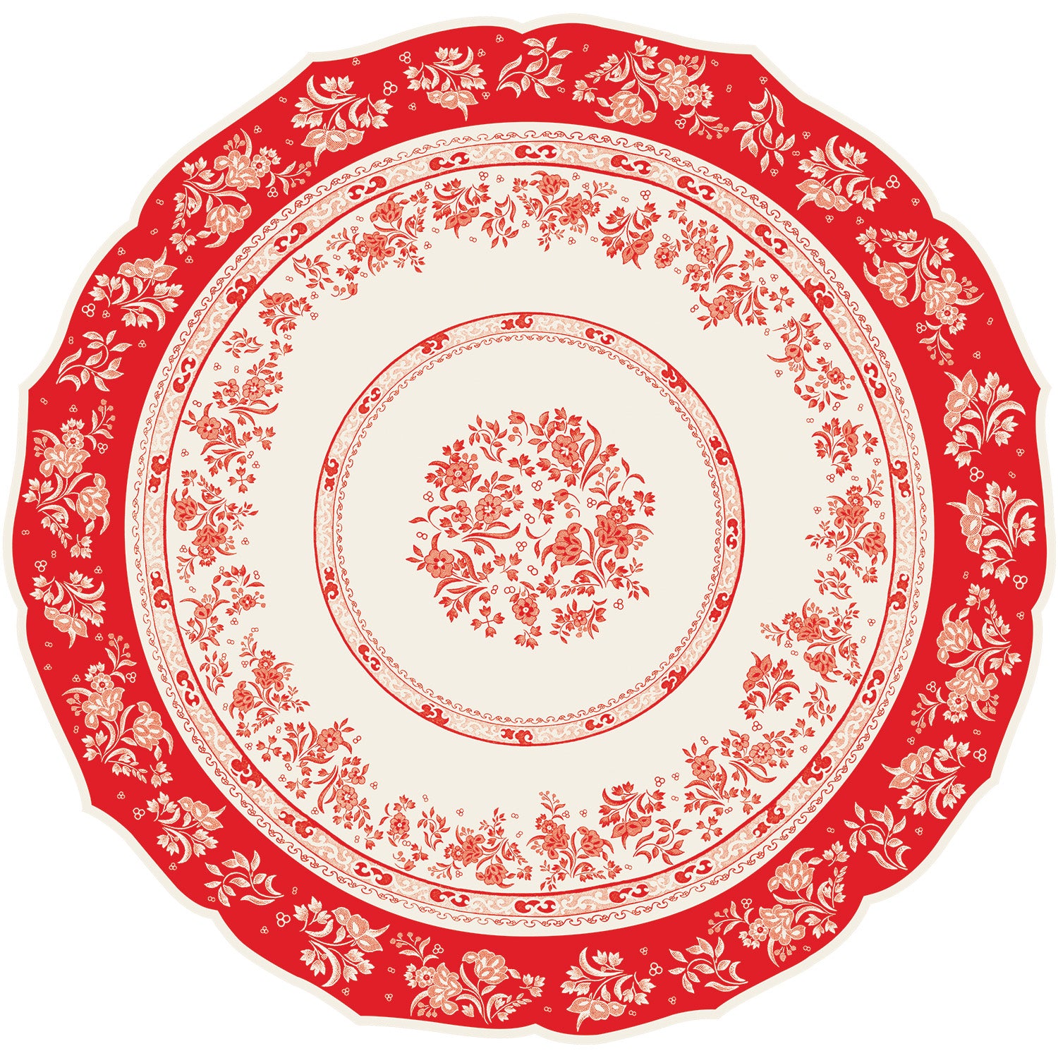 Die-cut Red Regal Placemat featuring a red and white decorative design showcasing intricate Burleigh floral patterns with flowers arranged in concentric circles.