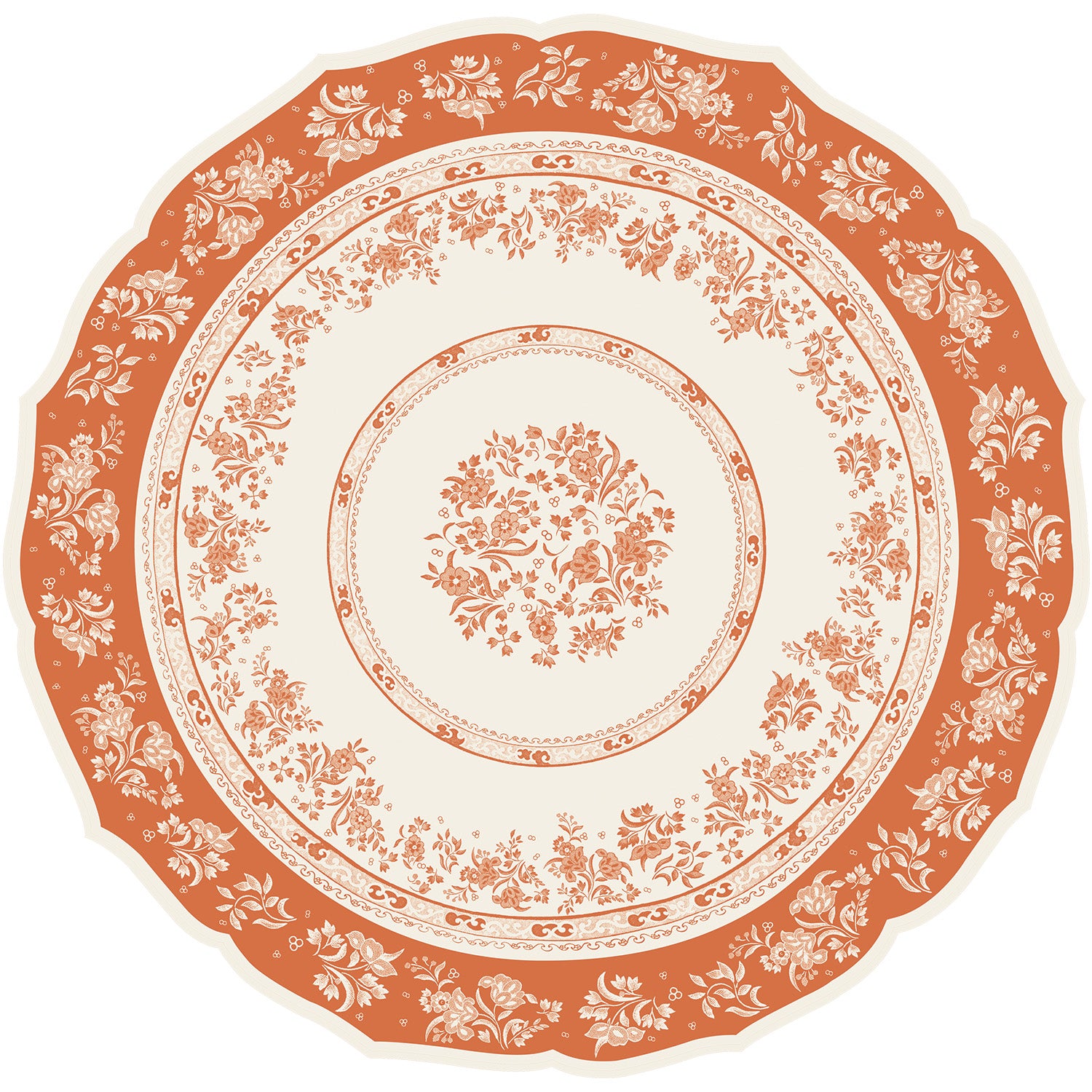 Die-cut Pumpkin Regal Placemat featuring a pumpkin and cream decorative design showcasing intricate Burleigh floral patterns with flowers arranged in concentric circles.