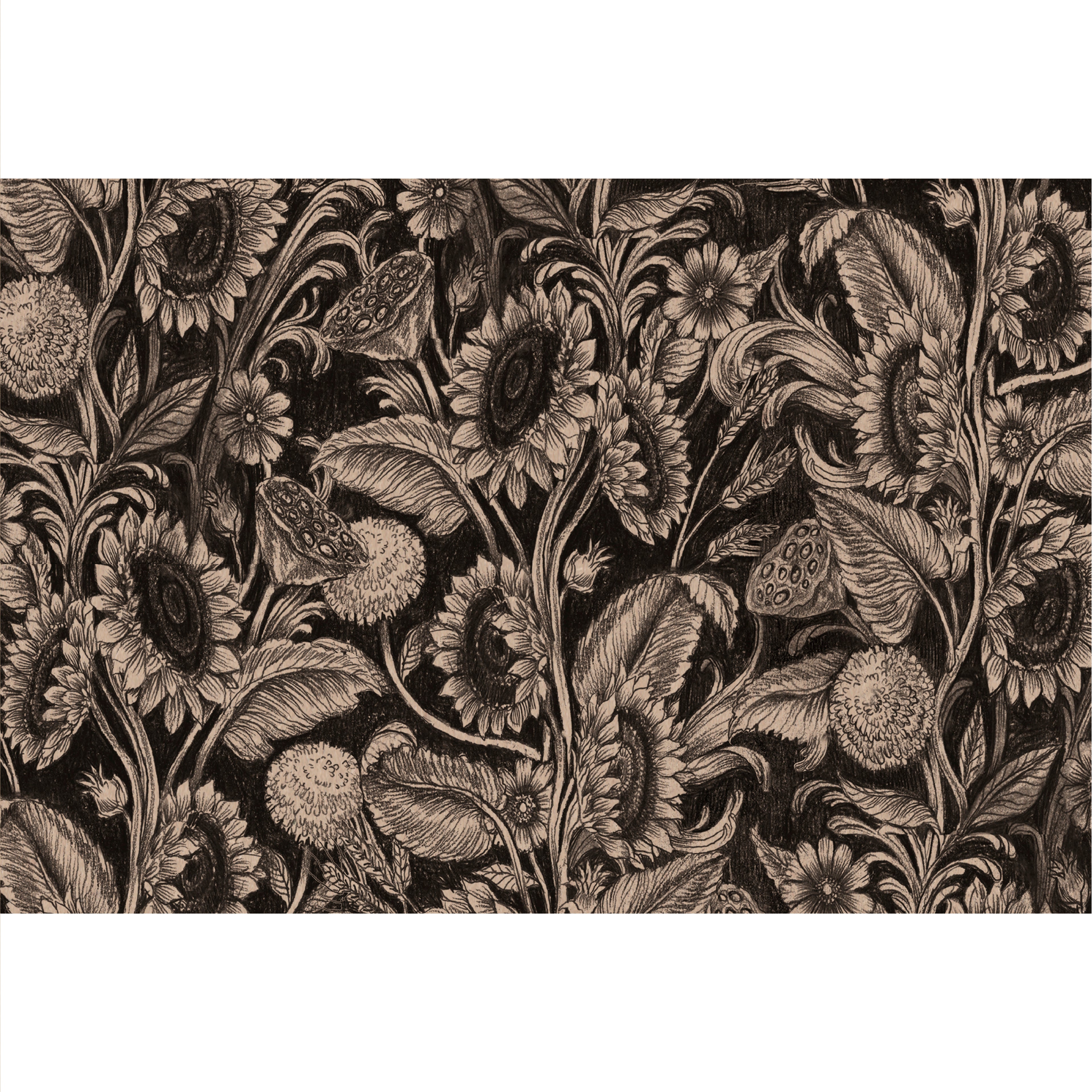 Sunflower Field Placemat featuring intricate drawings of sunflowers arranged to create a tapestry like pattern, on a black background.