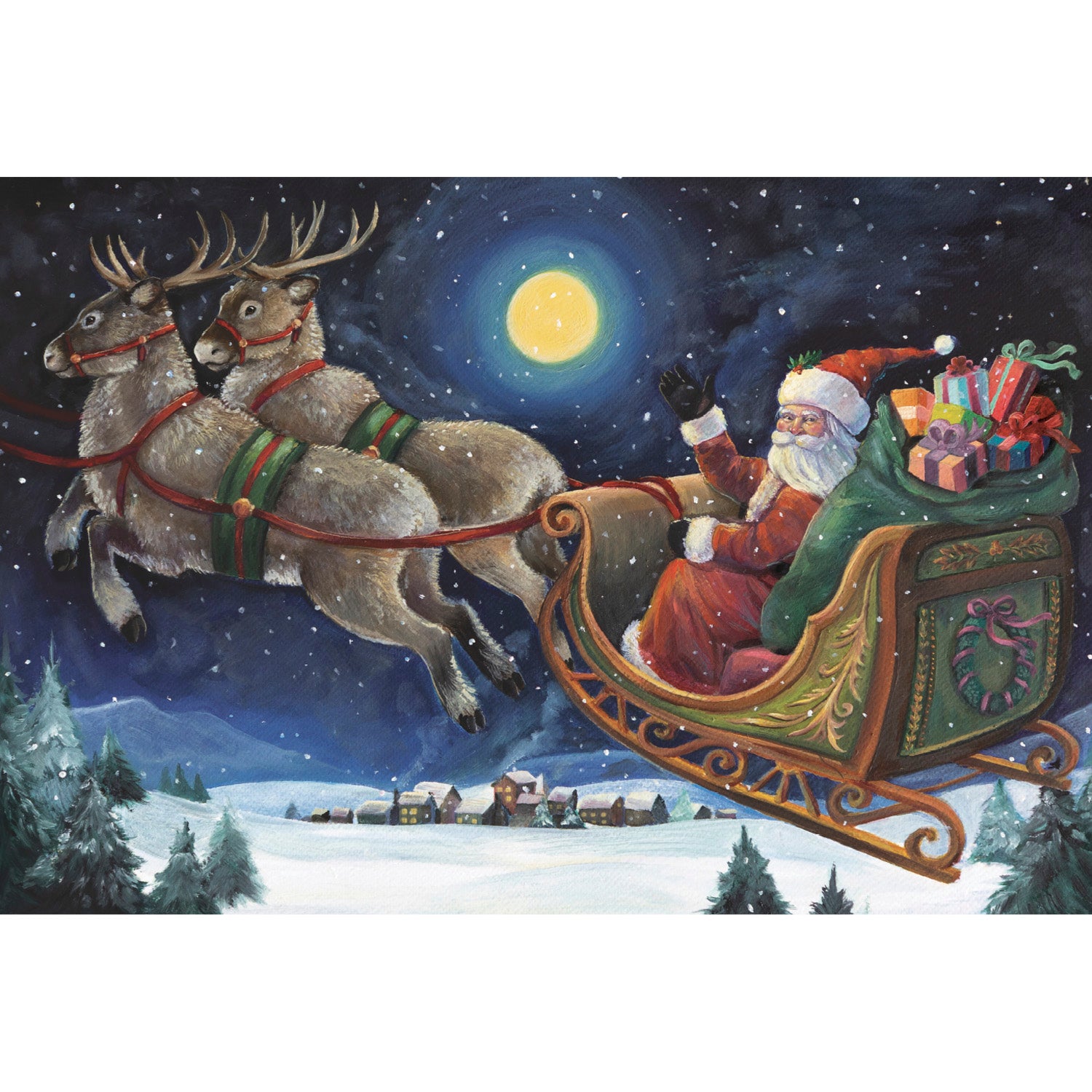 An oil painting of Santa Claus with a sack of gifts, riding a sleigh pulled by two reindeer through a snowy night sky, and a village with snow and evergreen trees below.