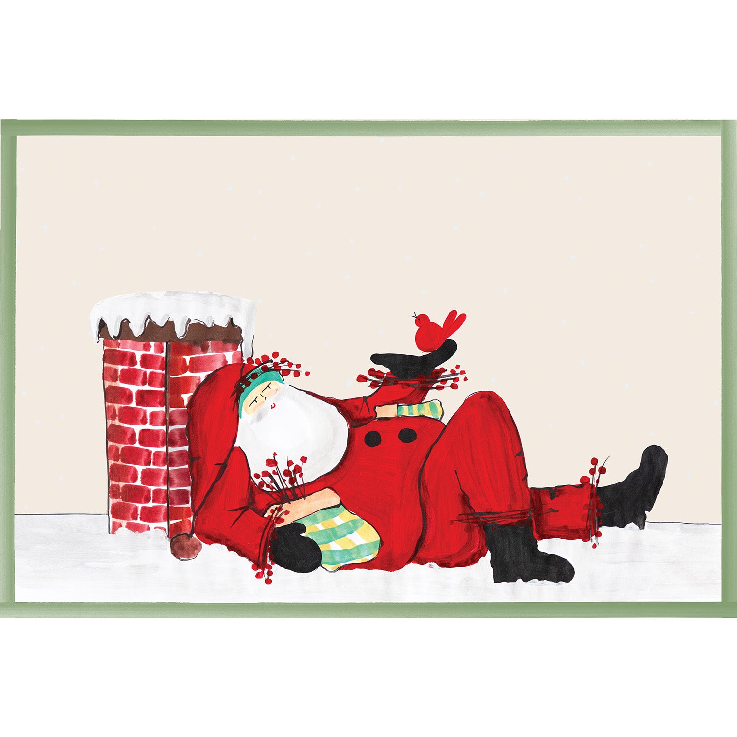 Illustration of Santa Claus lying on the ground next to a snowy chimney with presents, a cardinal resting on his hand, and holly around his hat, ankles and wrists.
