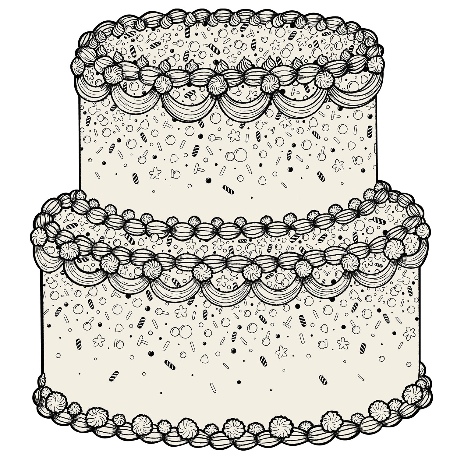 Black and white illustration of a decorative cake with intricate patterns.