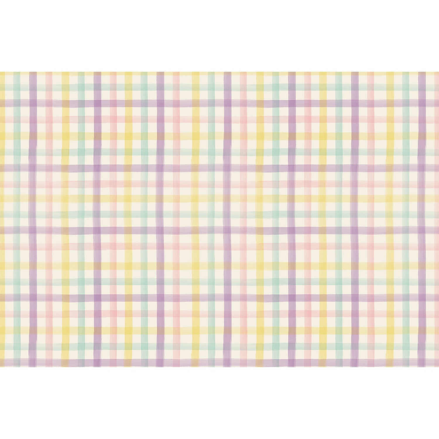 A colorful plaid paper placemat with stripes of purple, blue, pink and yellow, against a white background.