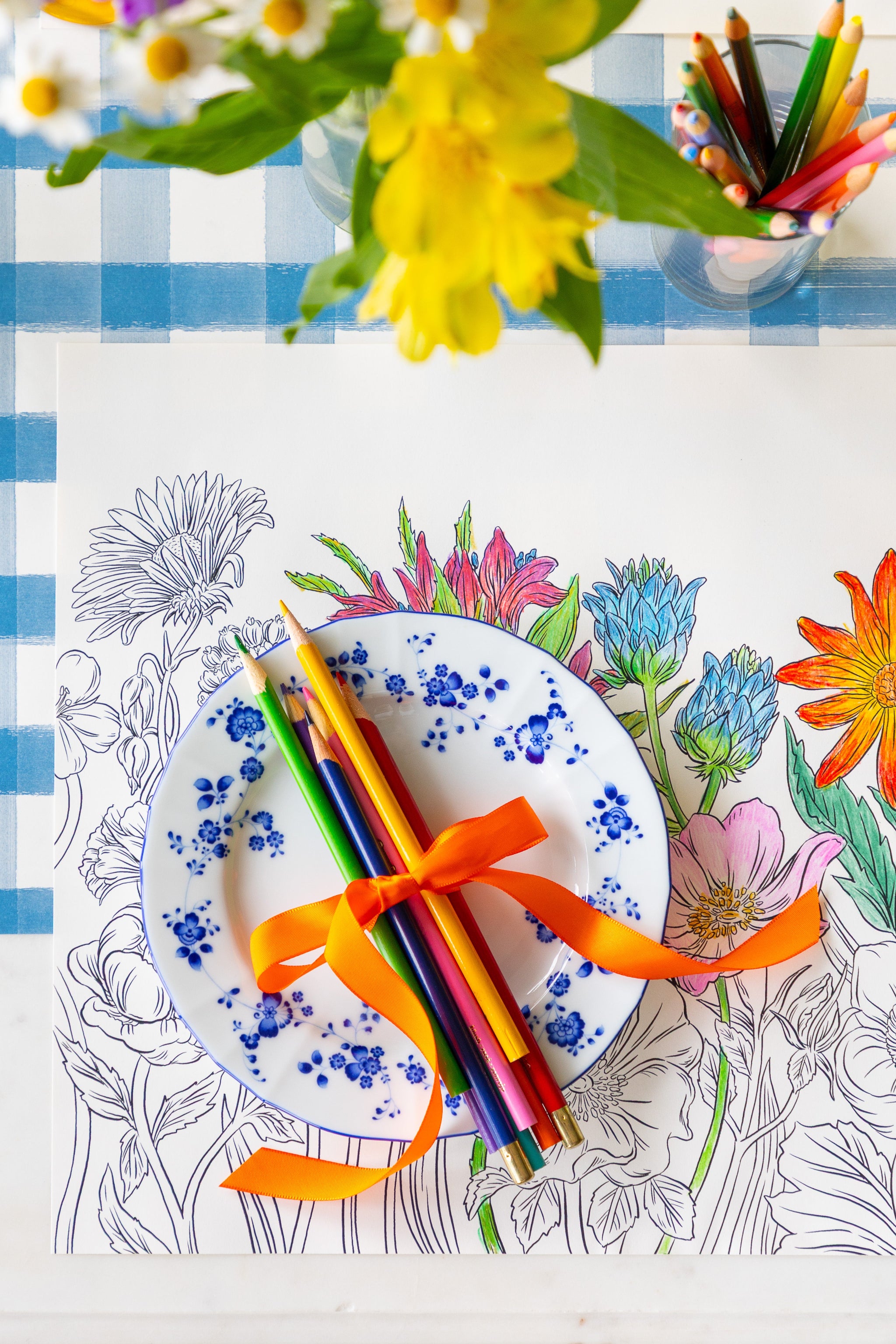 Coloring Wildflower Meadow Placemat with colored pencils and a plate on the Blue Painted Check Runner.
