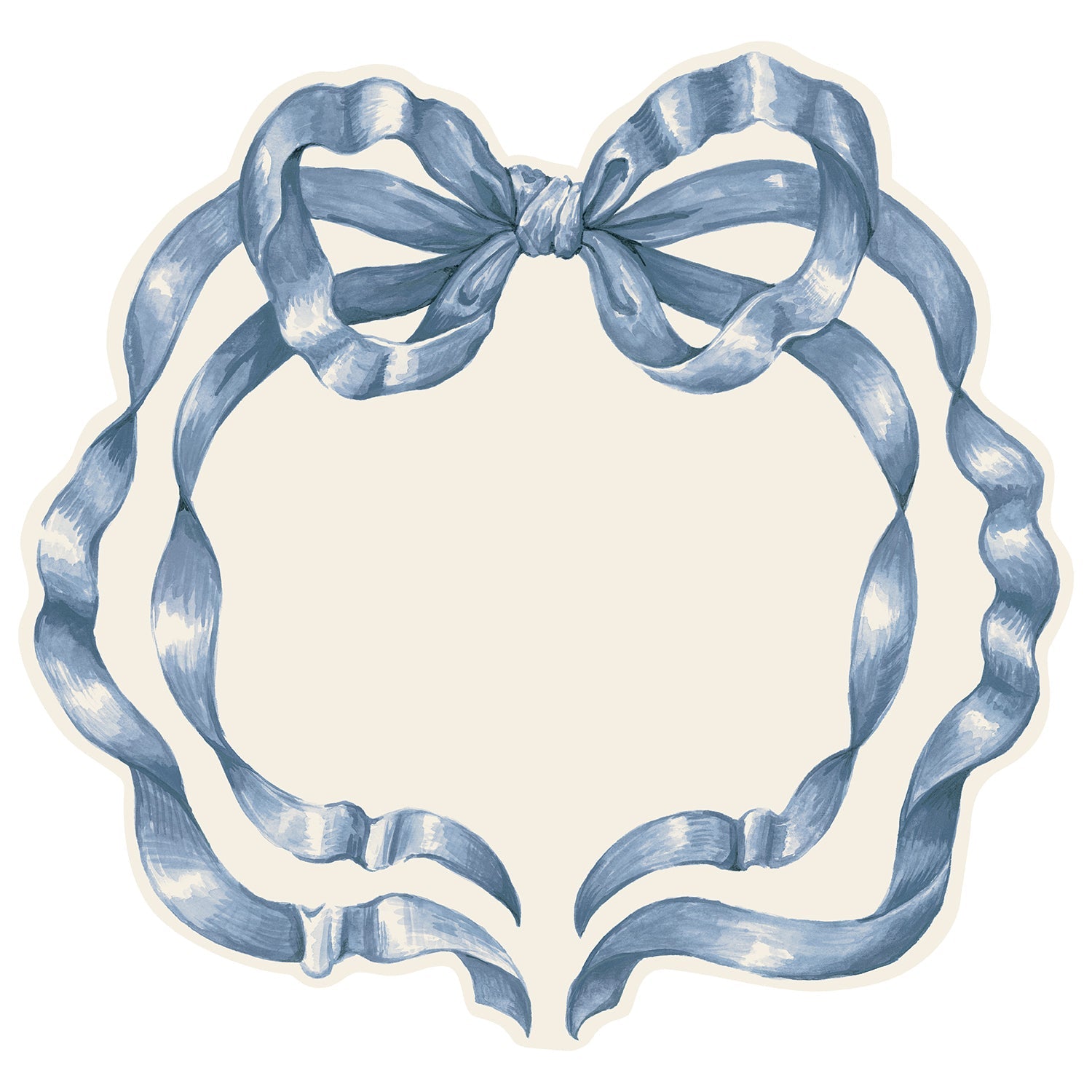 An illustration of a blue bow in the shape of a wreath against an off-white background.