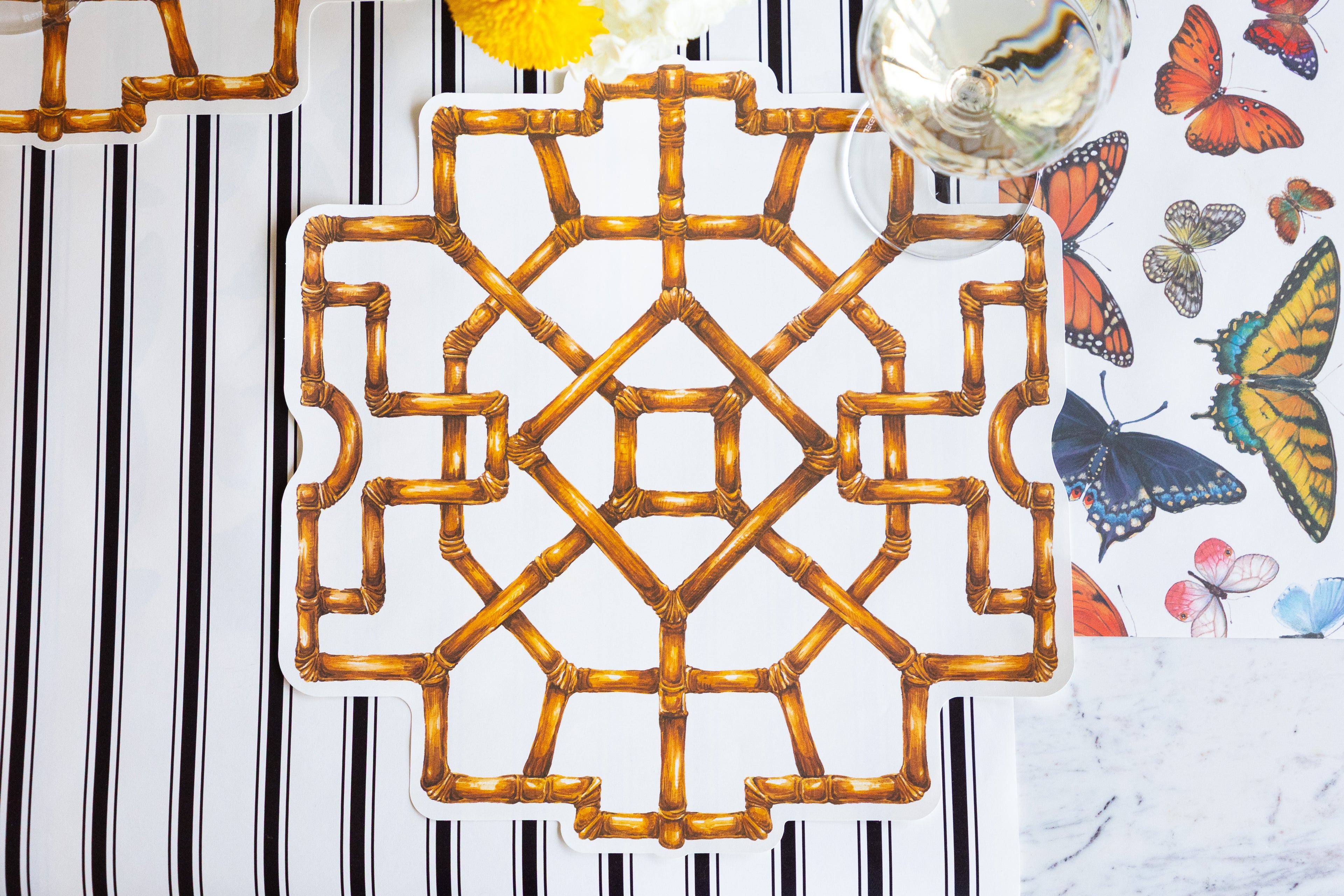Die-cut Bamboo Placemat on the Black Linen Stripe and Butterflies Runners.