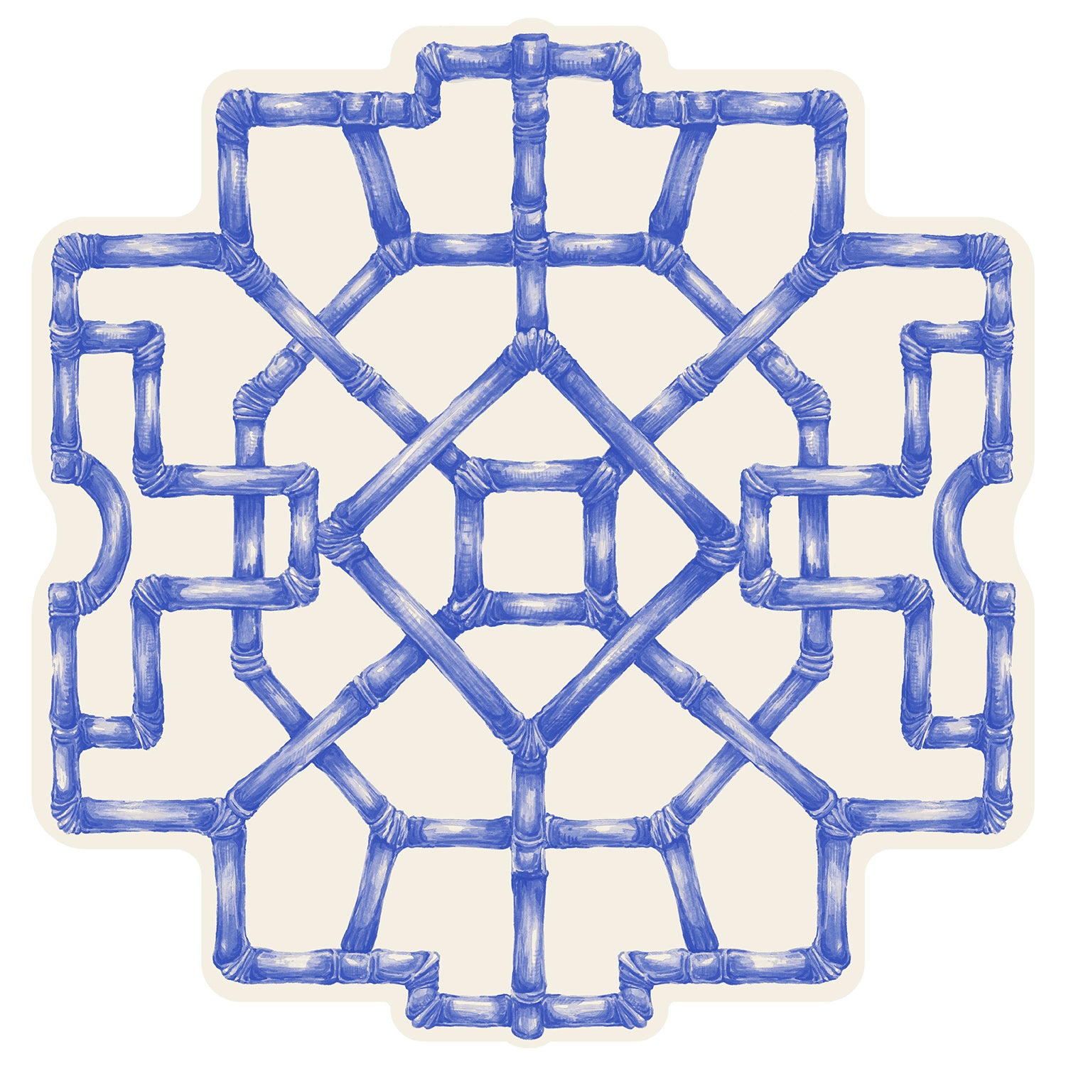 Illustration of a geometric blue bamboo pattern on a white background.