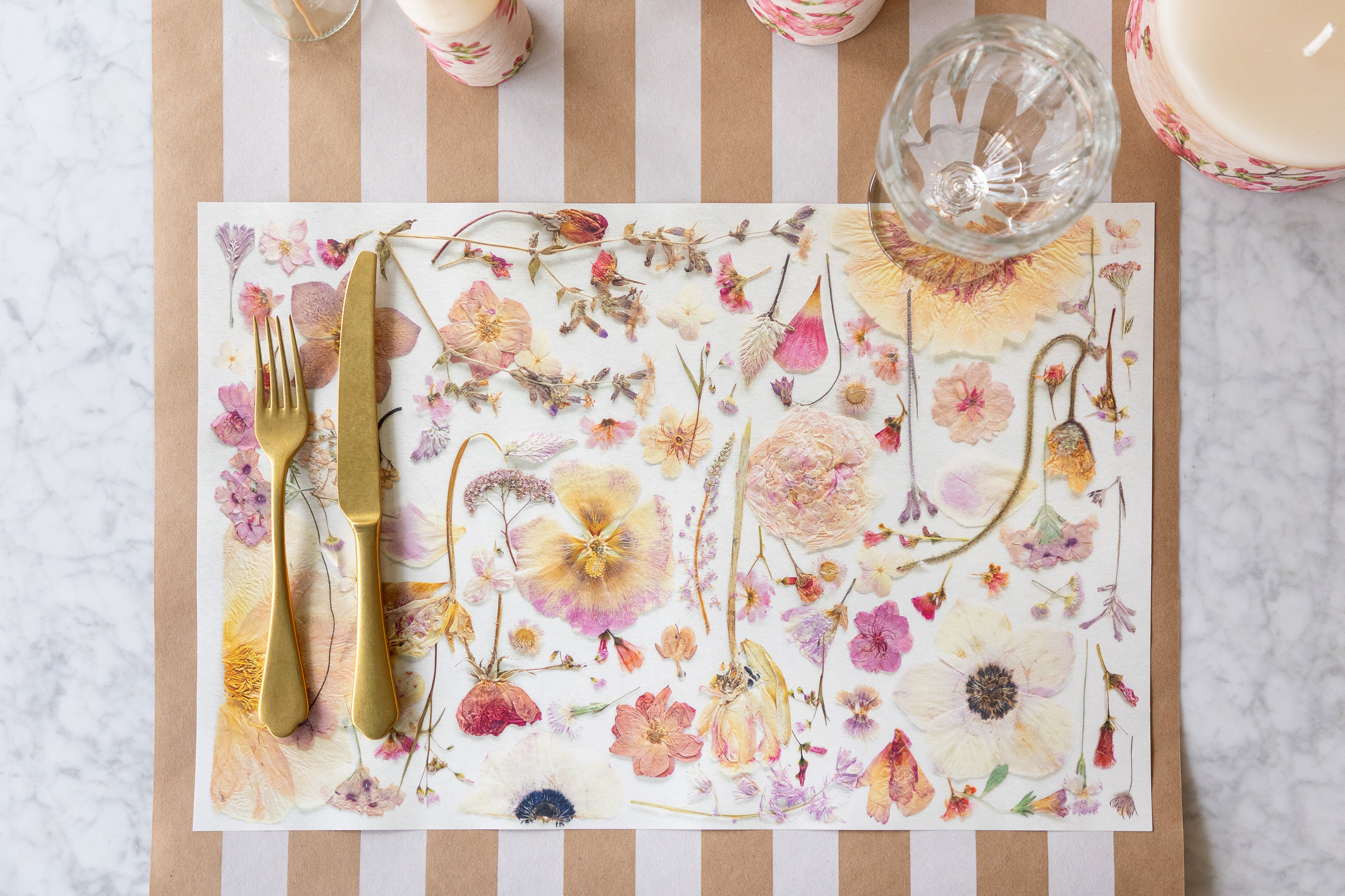 Blush Pressed Petals Placemat with cutlery on the Kraft White Classic Stripe Runner.